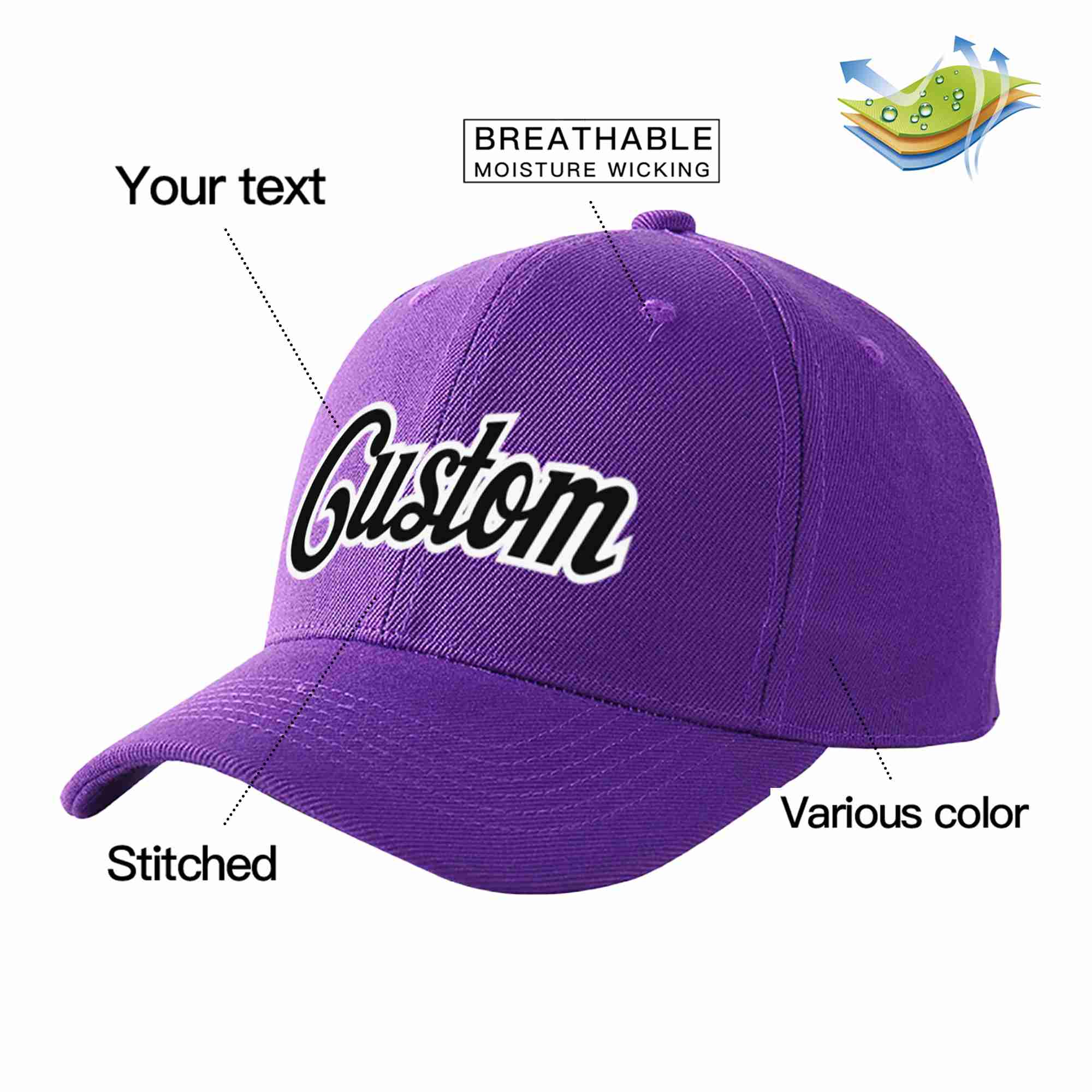 Conception personnalisée de casquette de baseball de sport incurvée Eaves violet noir-blanc pour hommes/femmes/jeunes