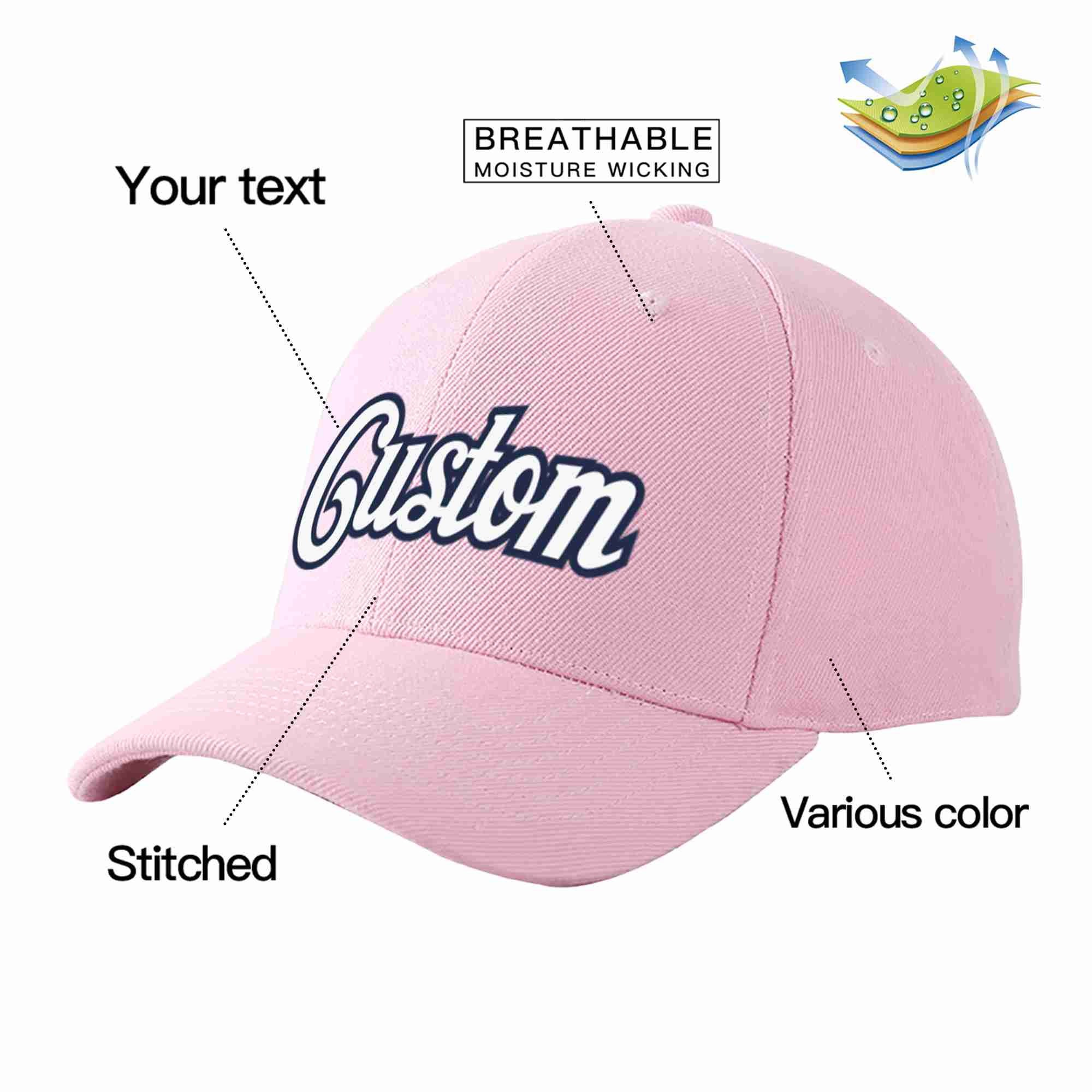 Conception personnalisée de casquette de baseball de sport incurvée rose blanc-marine pour hommes/femmes/jeunes