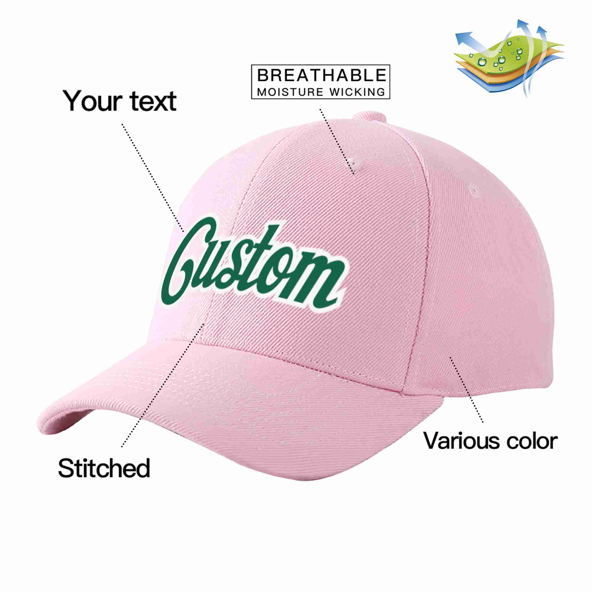 Casquette de baseball de sport incurvée rose Kelly vert-blanc pour hommes/femmes/jeunes