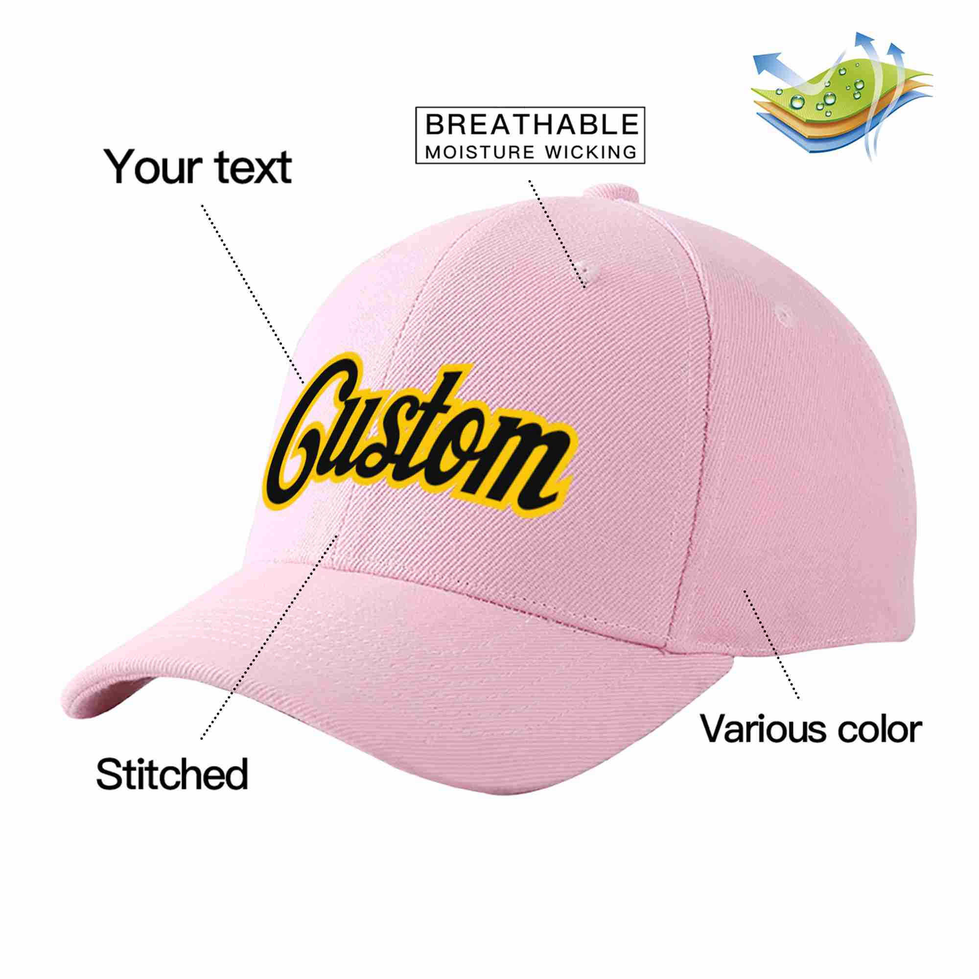 Conception personnalisée de casquette de baseball de sport incurvée rose noir-or pour hommes/femmes/jeunes