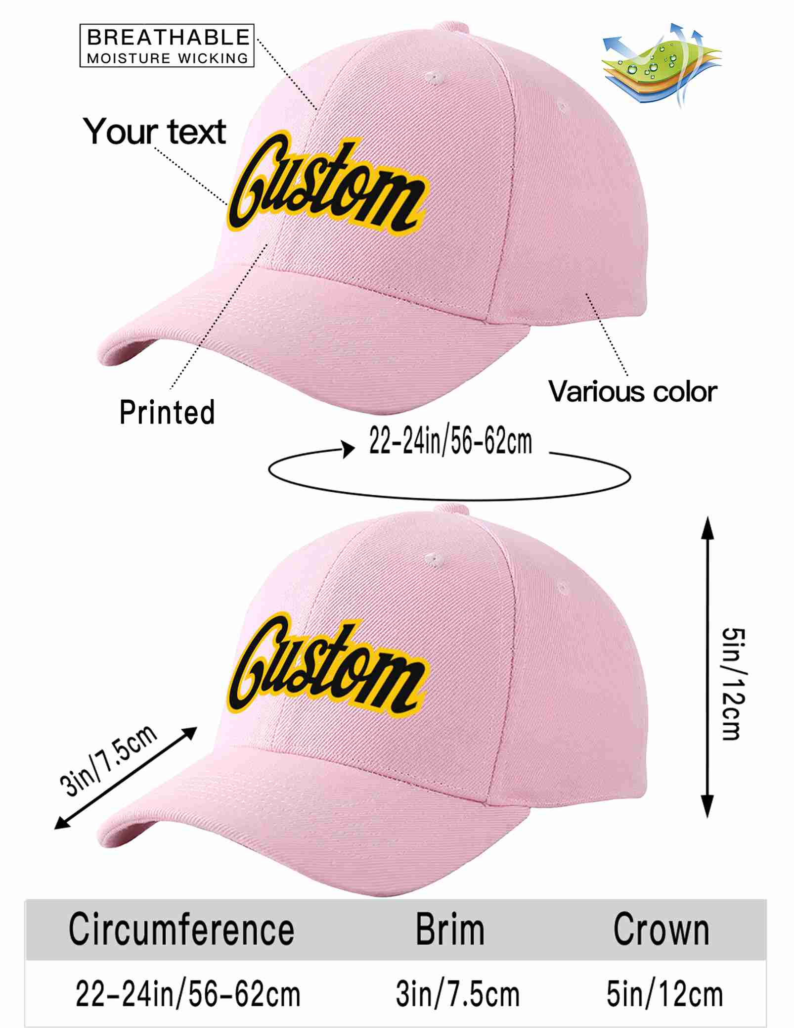 Conception personnalisée de casquette de baseball de sport incurvée rose noir-or pour hommes/femmes/jeunes