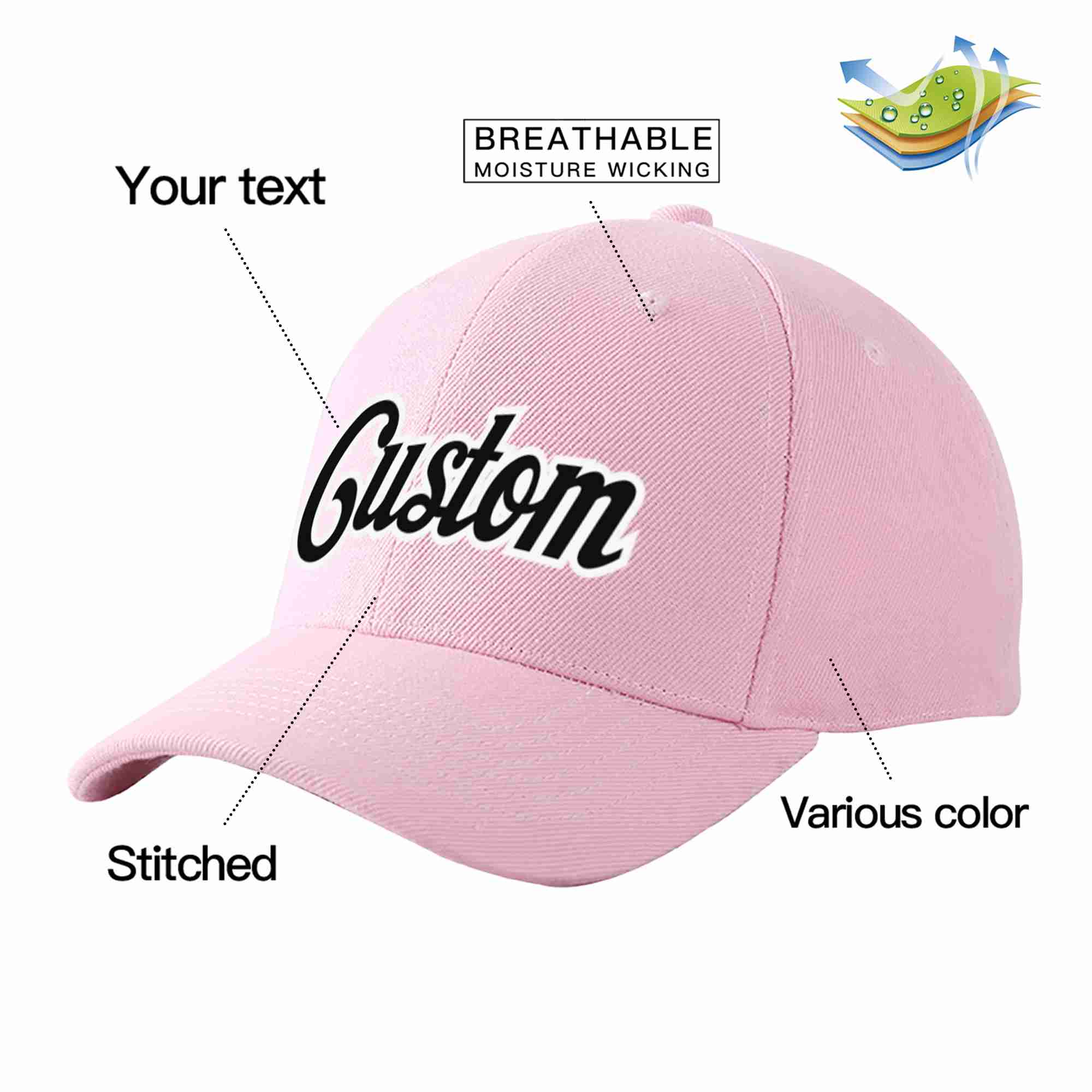 Conception personnalisée de casquette de baseball de sport incurvée rose noir-blanc pour hommes/femmes/jeunes