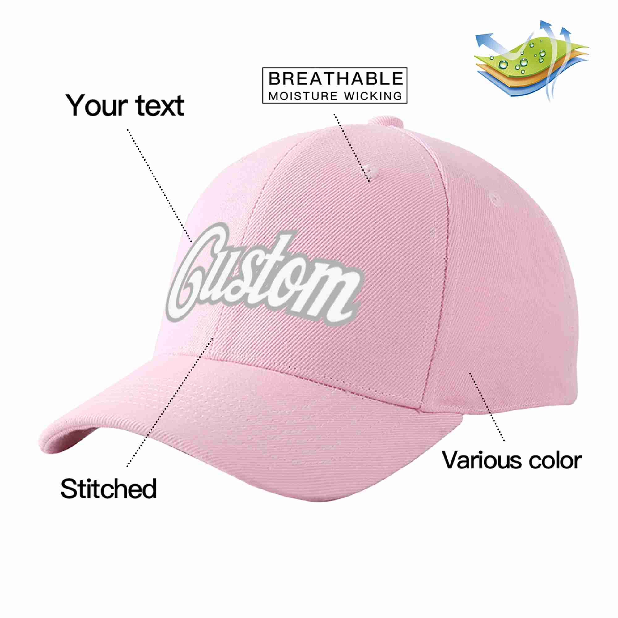 Conception personnalisée de casquette de baseball de sport incurvée rose blanc-gris pour hommes/femmes/jeunes