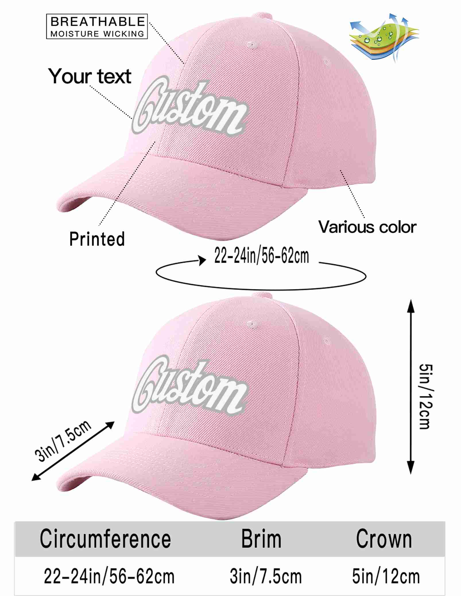 Conception personnalisée de casquette de baseball de sport incurvée rose blanc-gris pour hommes/femmes/jeunes