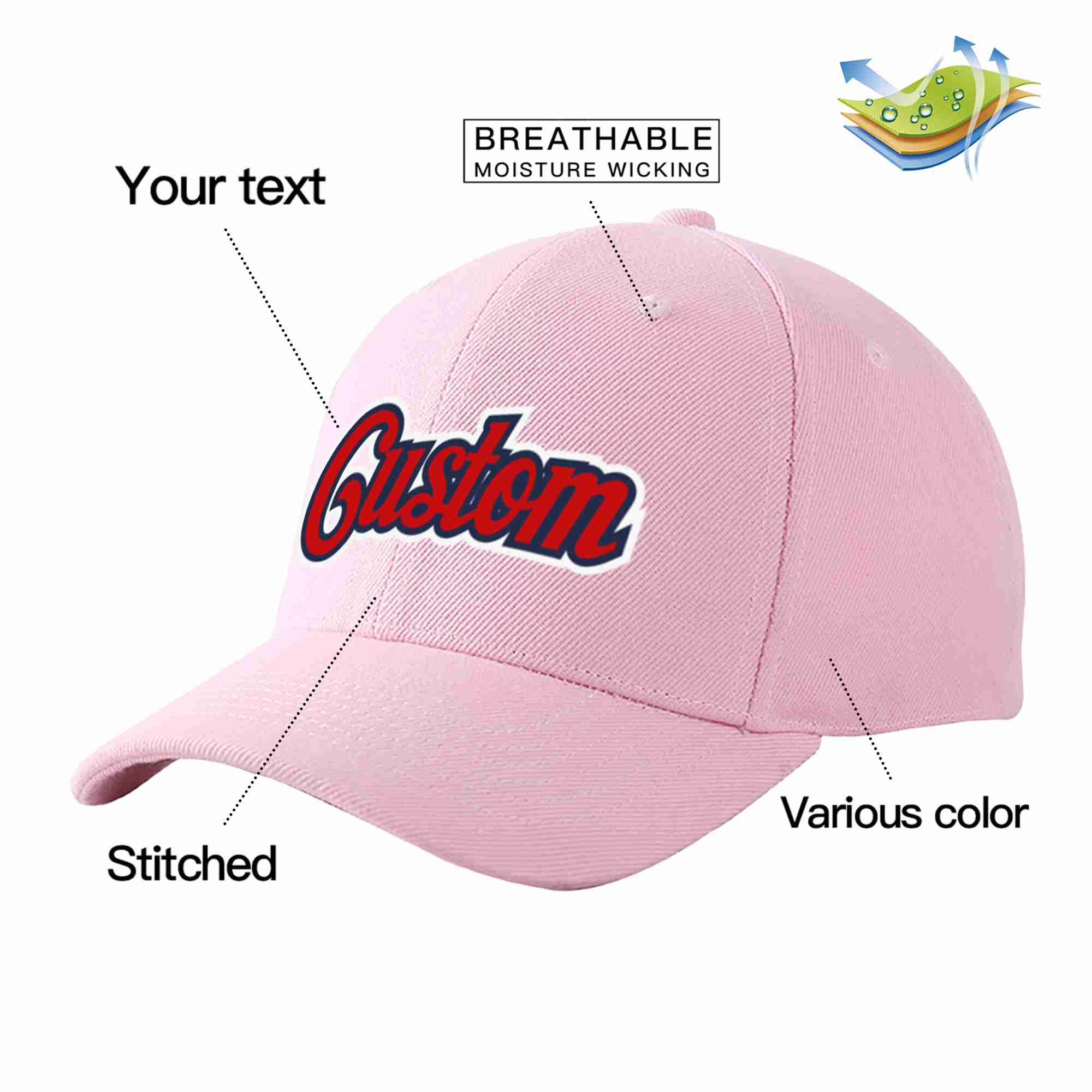 Conception personnalisée de casquette de baseball de sport incurvée rose rouge-marine pour hommes/femmes/jeunes