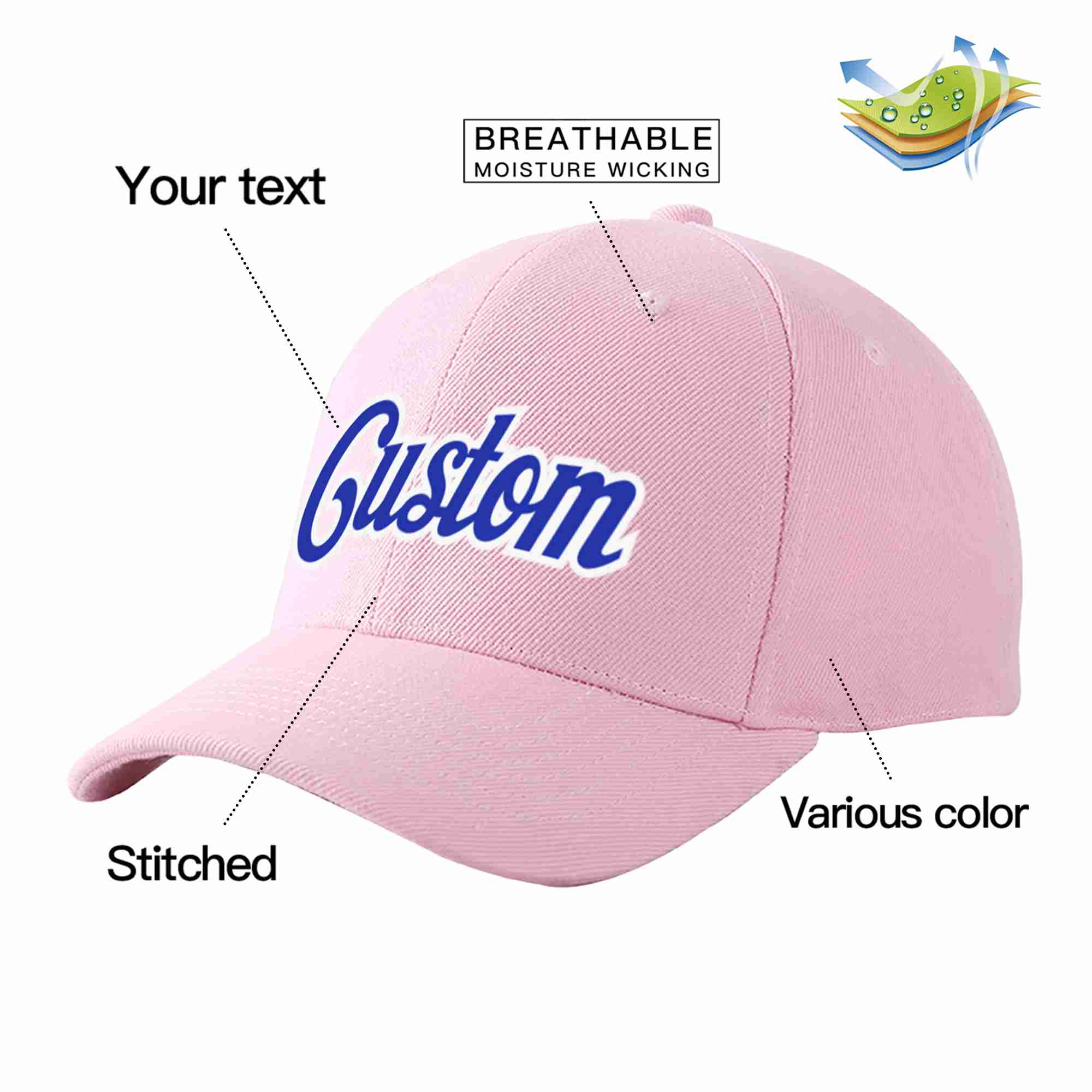 Conception personnalisée de casquette de baseball de sport incurvée rose royal-blanc pour hommes/femmes/jeunes