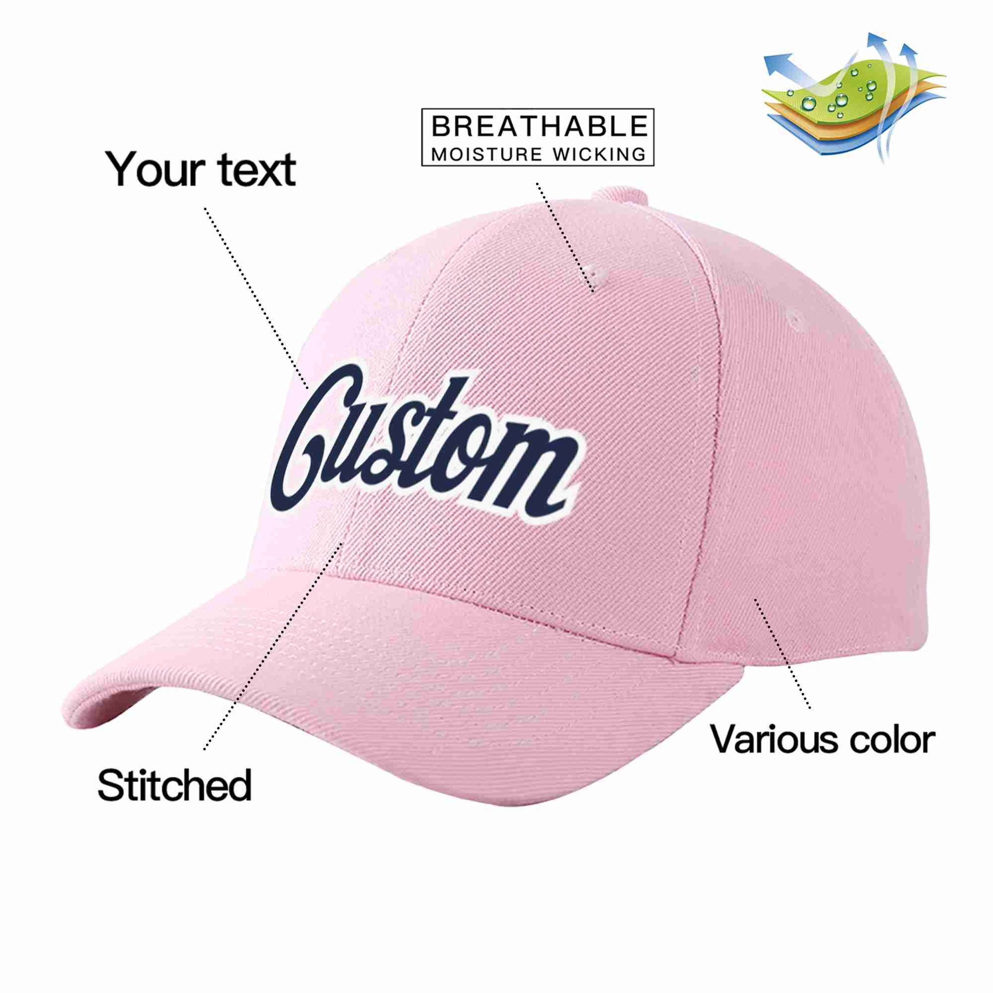 Conception personnalisée de casquette de baseball de sport incurvée rose marine-blanc pour hommes/femmes/jeunes