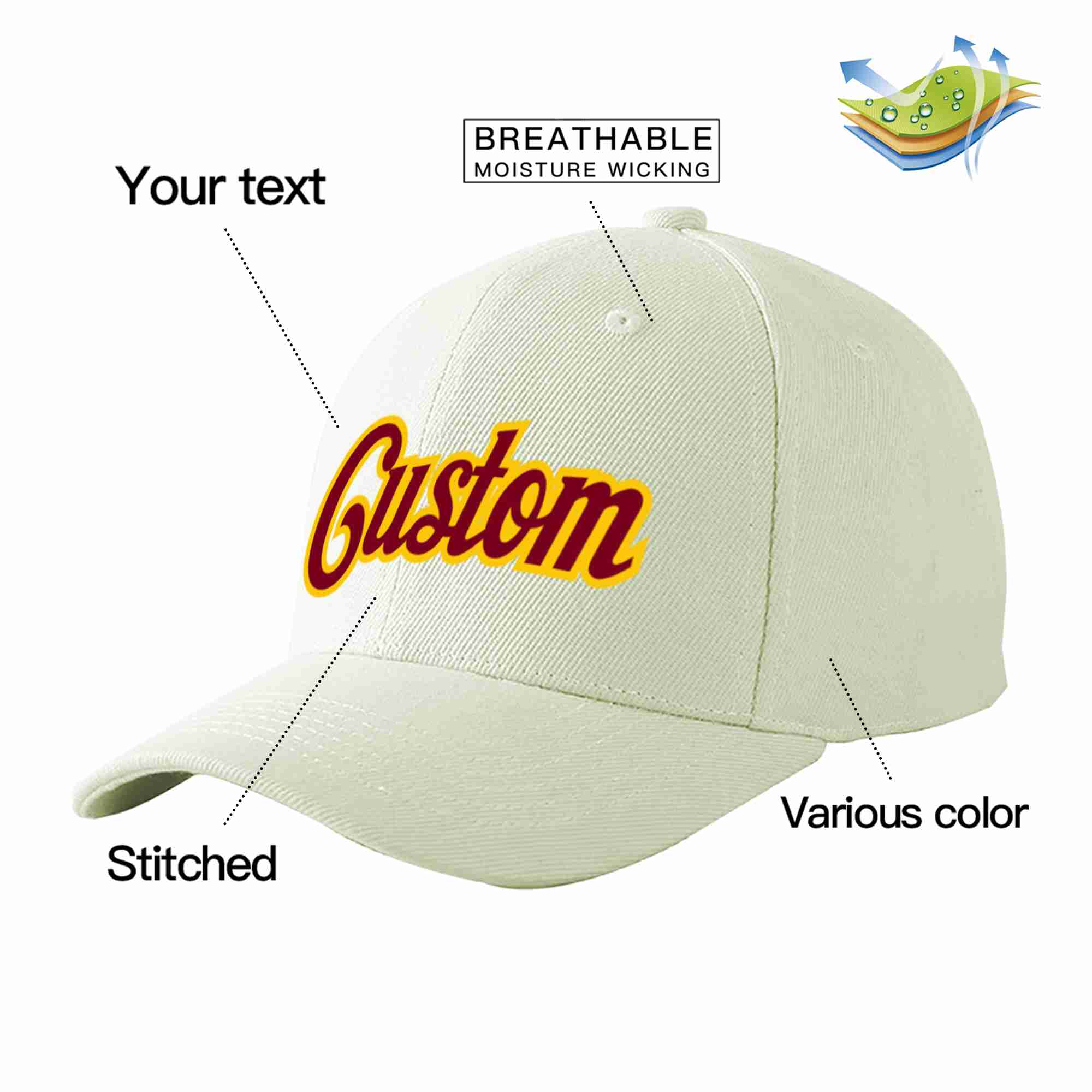 Custom Cream Crimson-Gold Curved Eaves Sport Baseball Cap Design for Men/Women/Youth