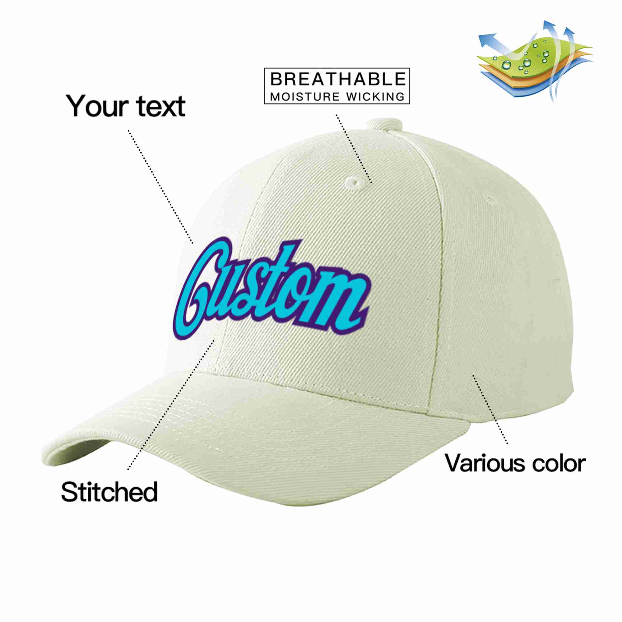 Custom Cream Light Blue-Purple Curved Eaves Sport Baseball Cap Design for Men/Women/Youth