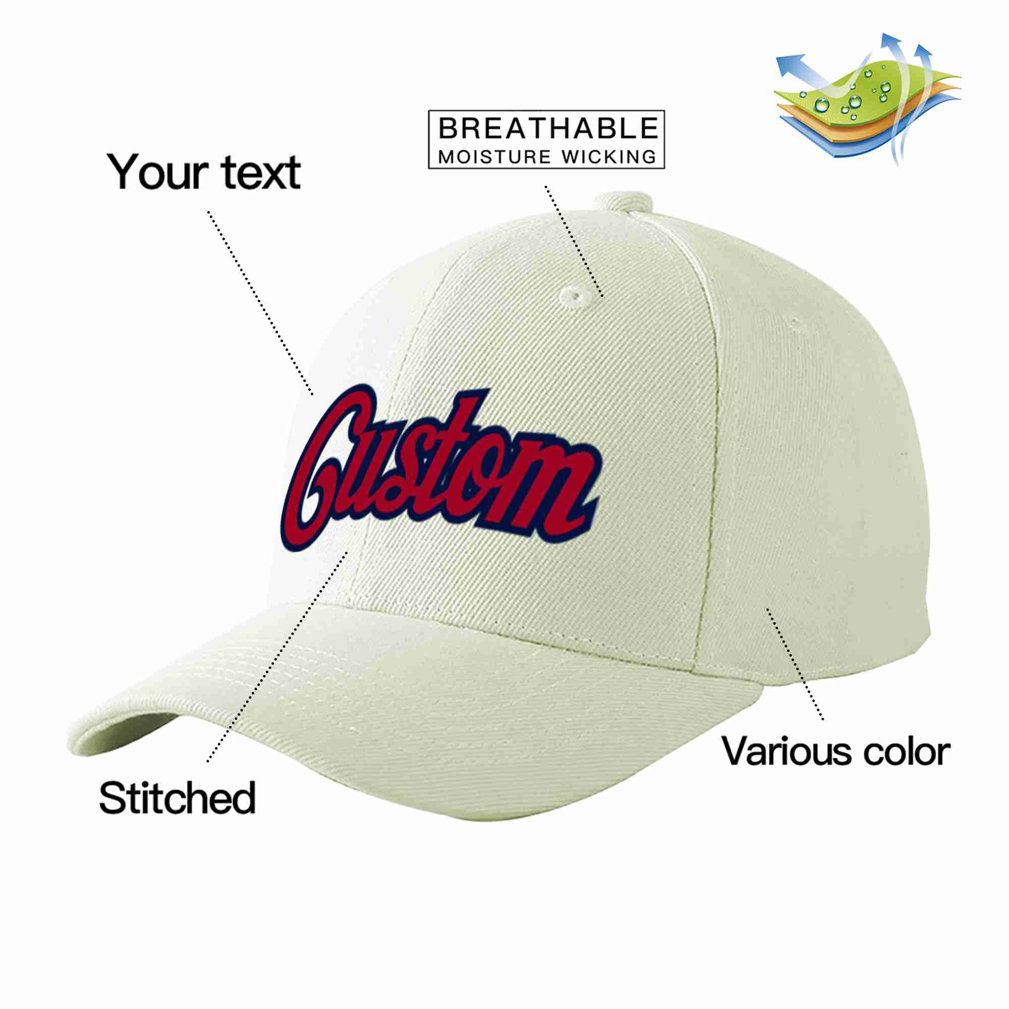 Custom Cream Red-Navy Curved Eaves Sport Baseball Cap Design for Men/Women/Youth