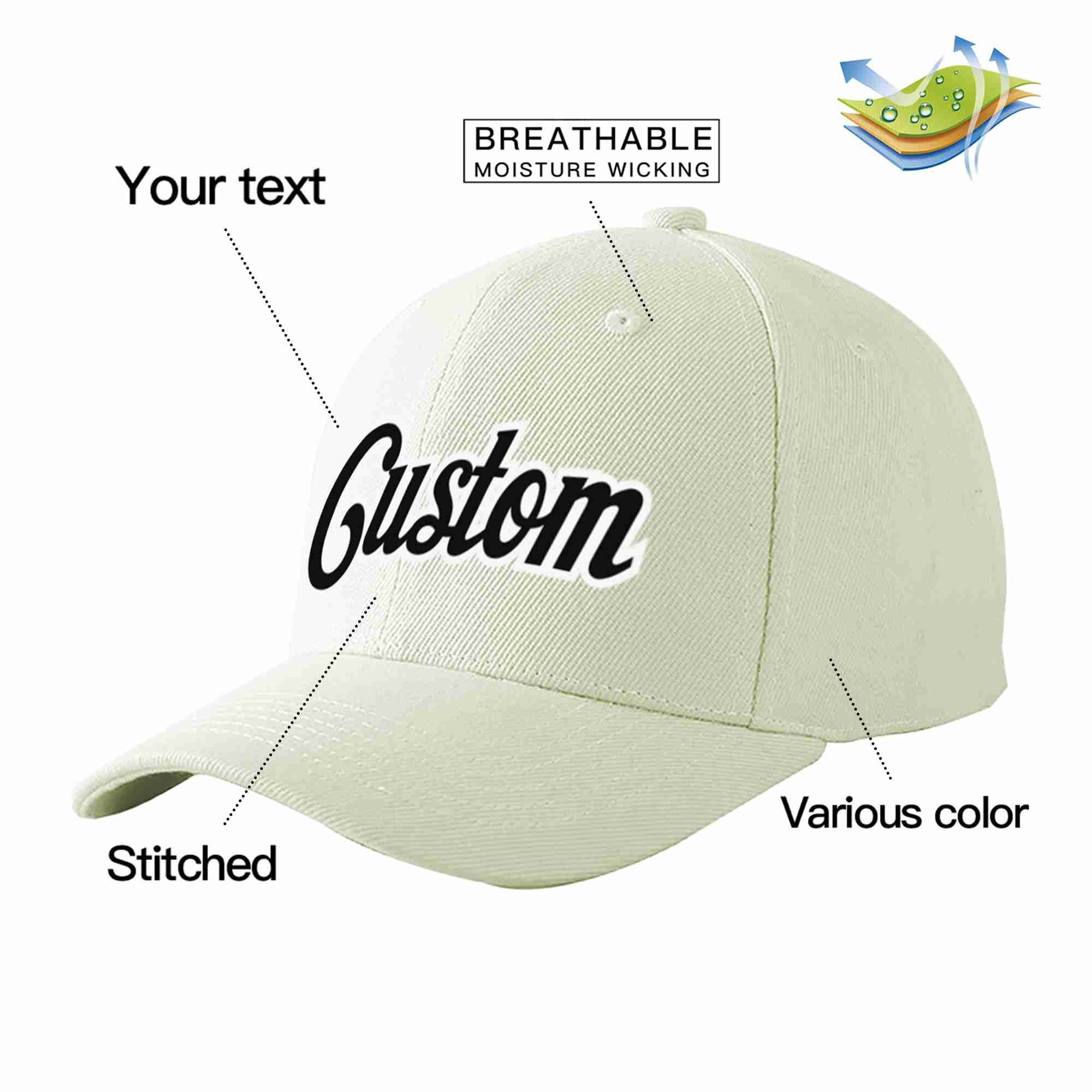 Conception personnalisée de casquette de baseball de sport incurvée noir-blanc crème pour hommes/femmes/jeunes