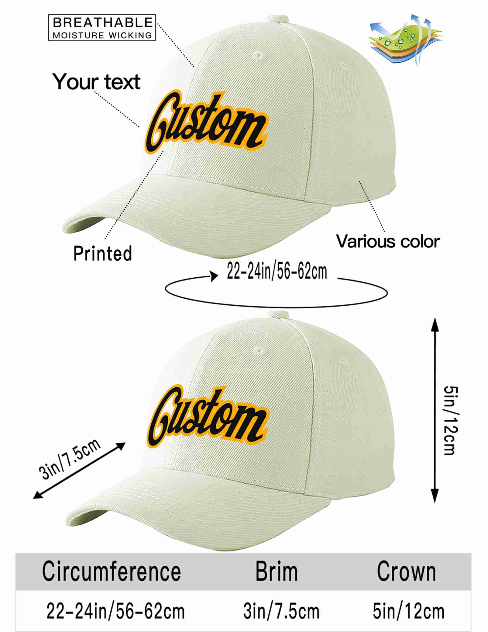 Conception personnalisée de casquette de baseball de sport incurvée noir-jaune crème pour hommes/femmes/jeunes