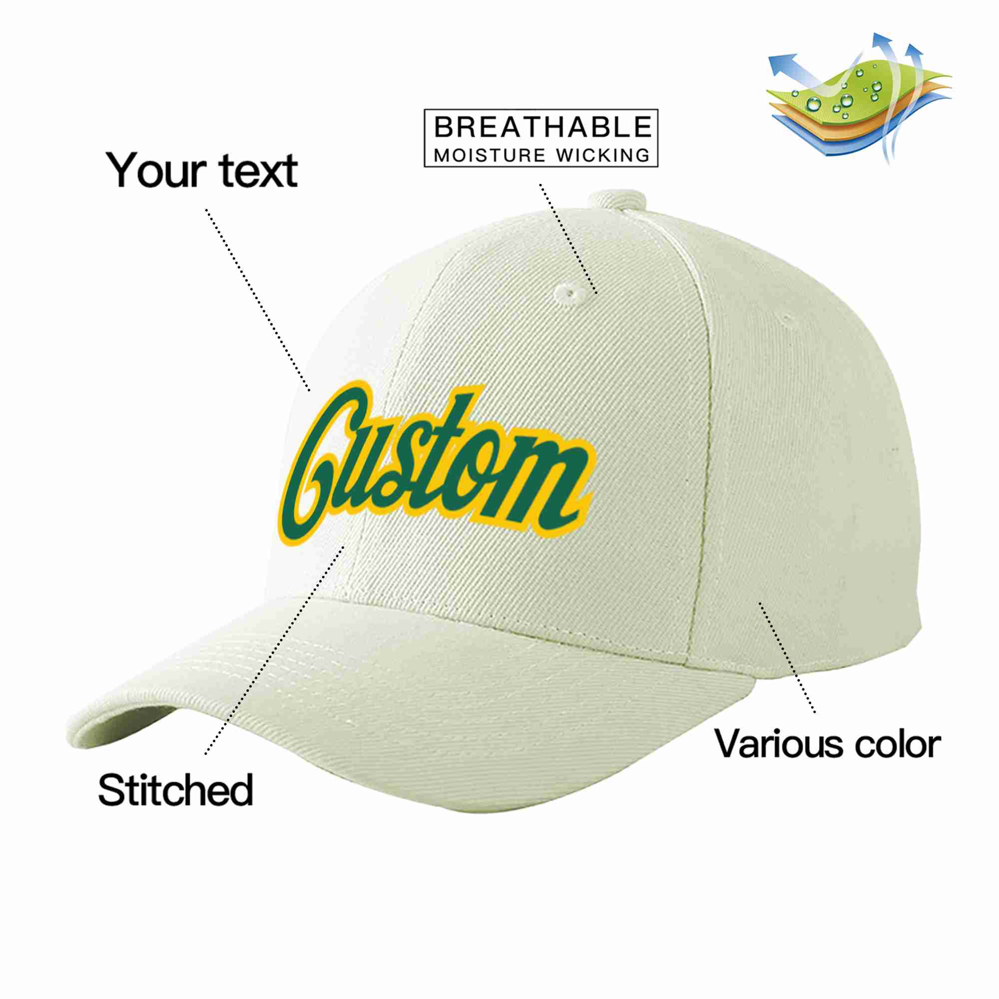 Custom Cream Kelly Green-Gold Curved Eaves Sport Baseball Cap Design for Men/Women/Youth