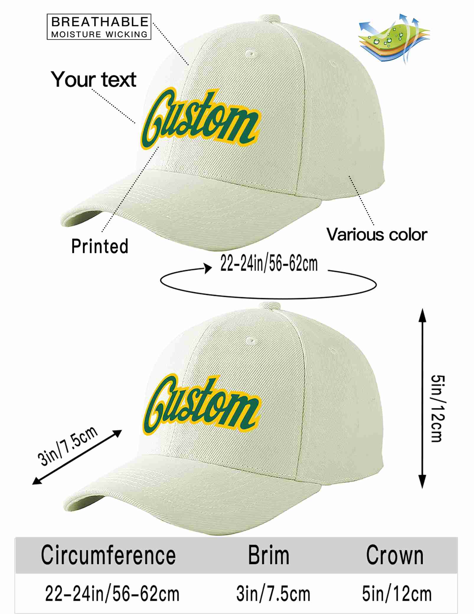 Casquette de baseball de sport incurvée Kelly vert-or crème personnalisée pour hommes/femmes/jeunes