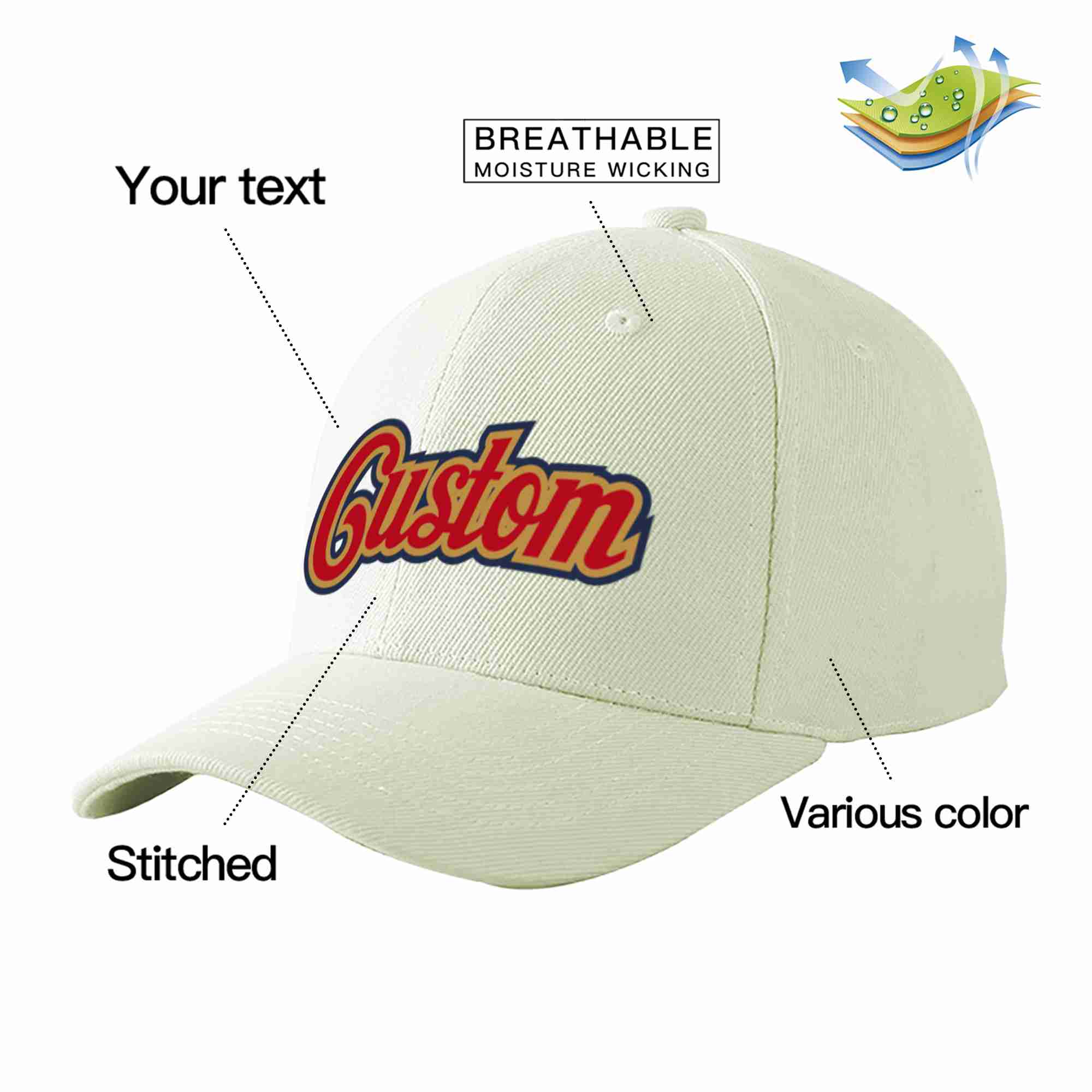 Conception personnalisée de casquette de baseball de sport à avant-toit incurvé rouge-vieil or crème pour hommes/femmes/jeunes