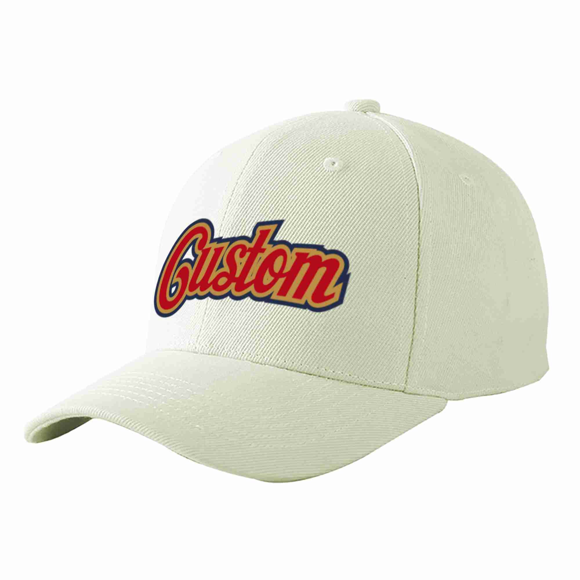 Conception personnalisée de casquette de baseball de sport à avant-toit incurvé rouge-vieil or crème pour hommes/femmes/jeunes