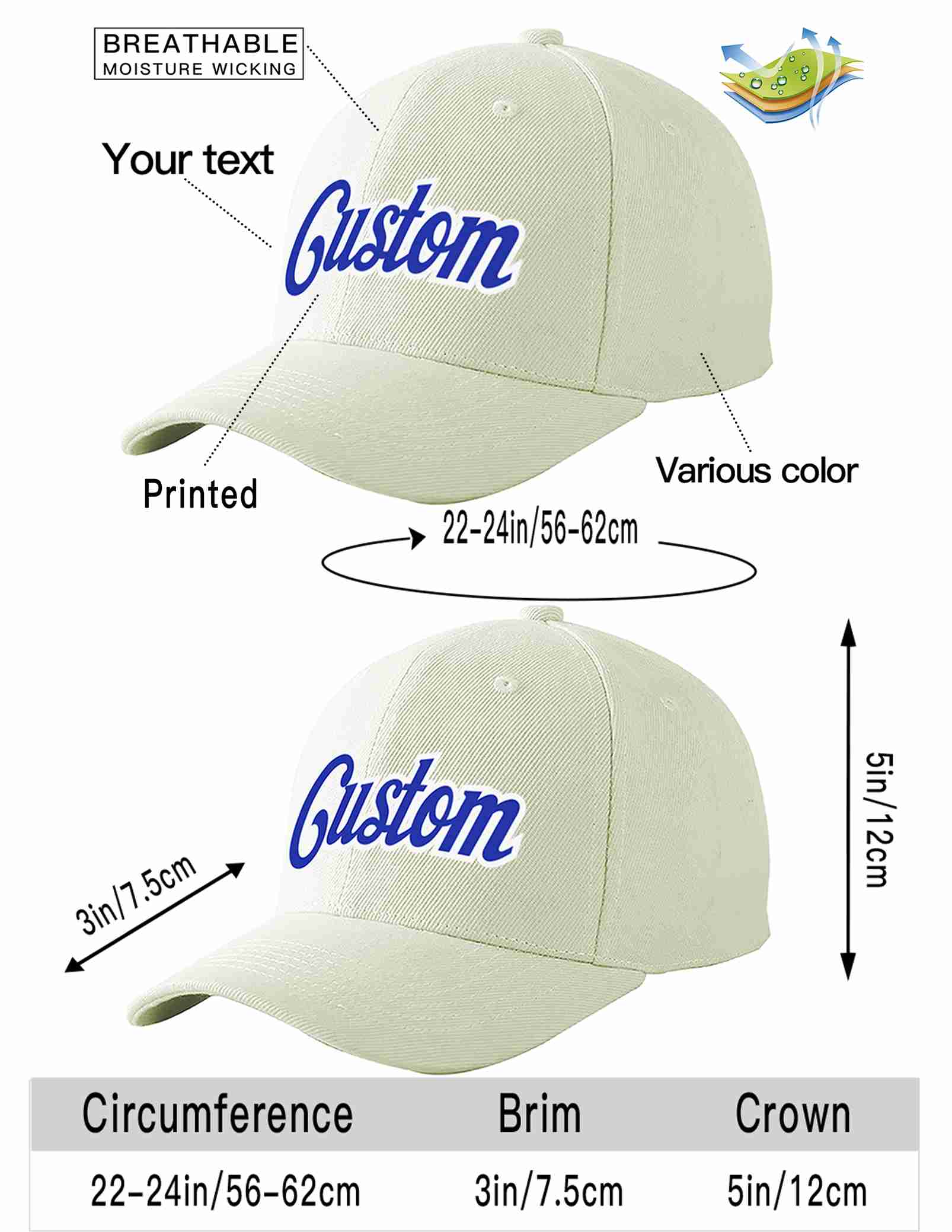 Conception personnalisée de casquette de baseball de sport incurvée blanc royal-blanc crème pour hommes/femmes/jeunes