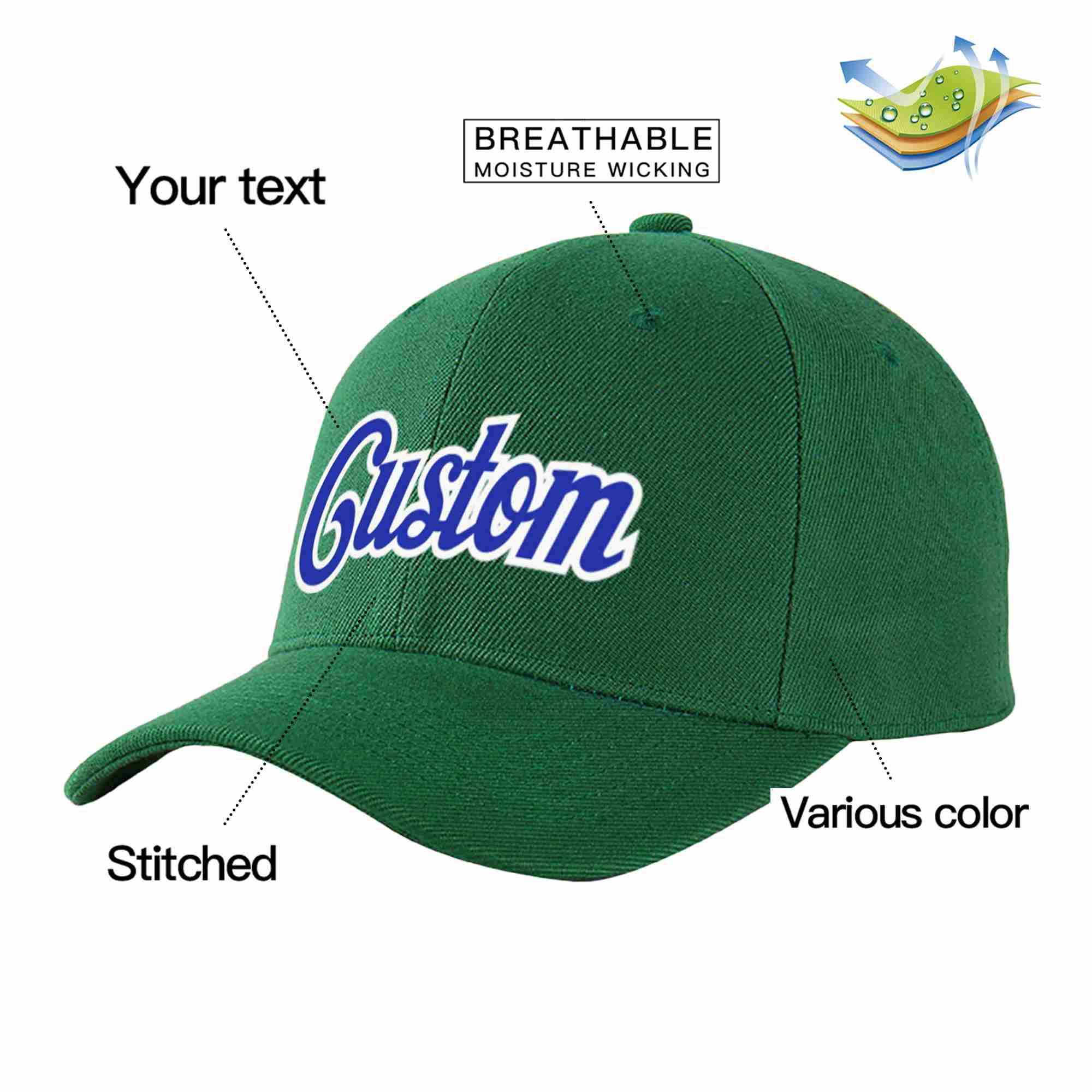 Custom Green Royal-White Curved Eaves Sport Baseball Cap Design for Men/Women/Youth