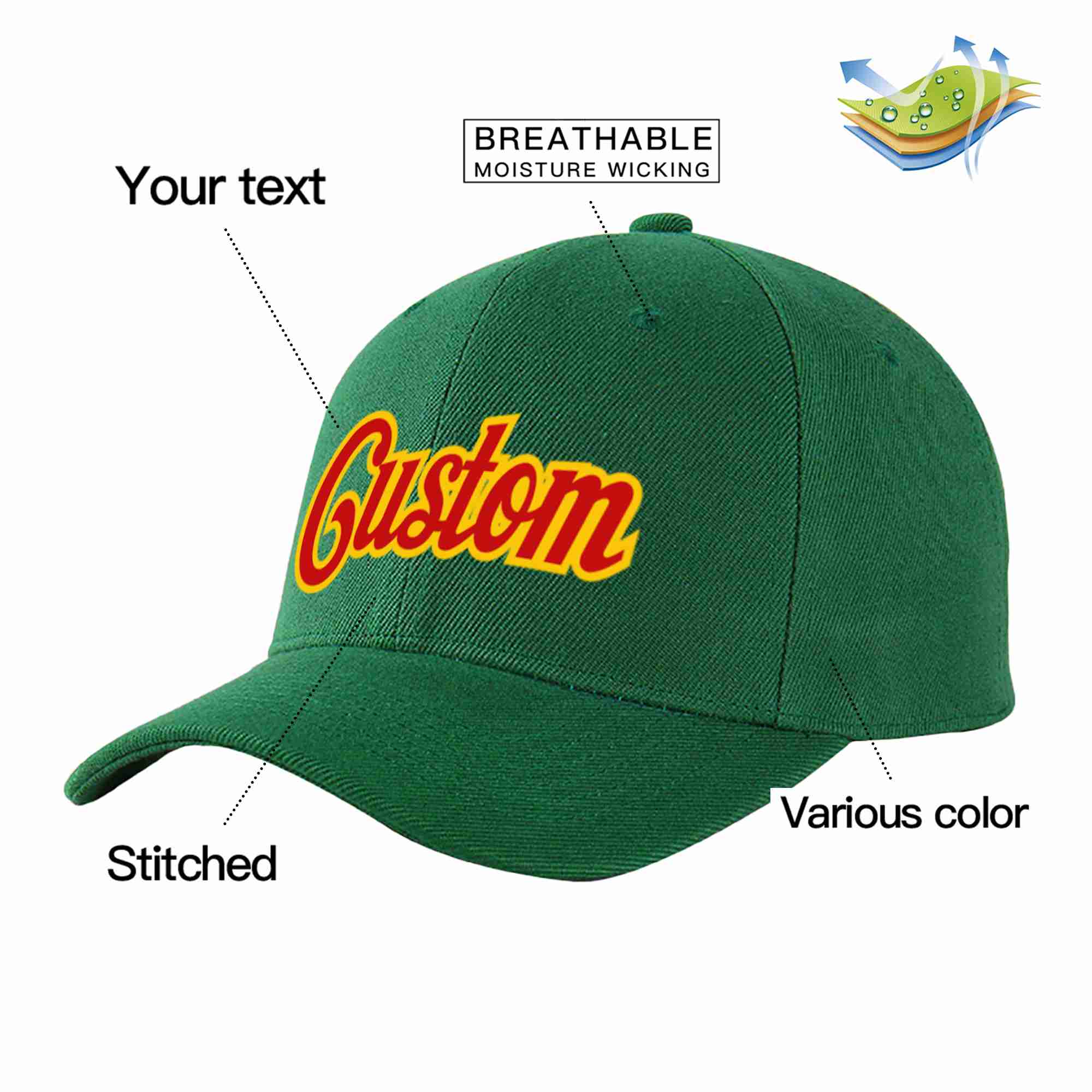 Conception personnalisée de casquette de baseball de sport incurvée vert rouge-jaune pour hommes/femmes/jeunes