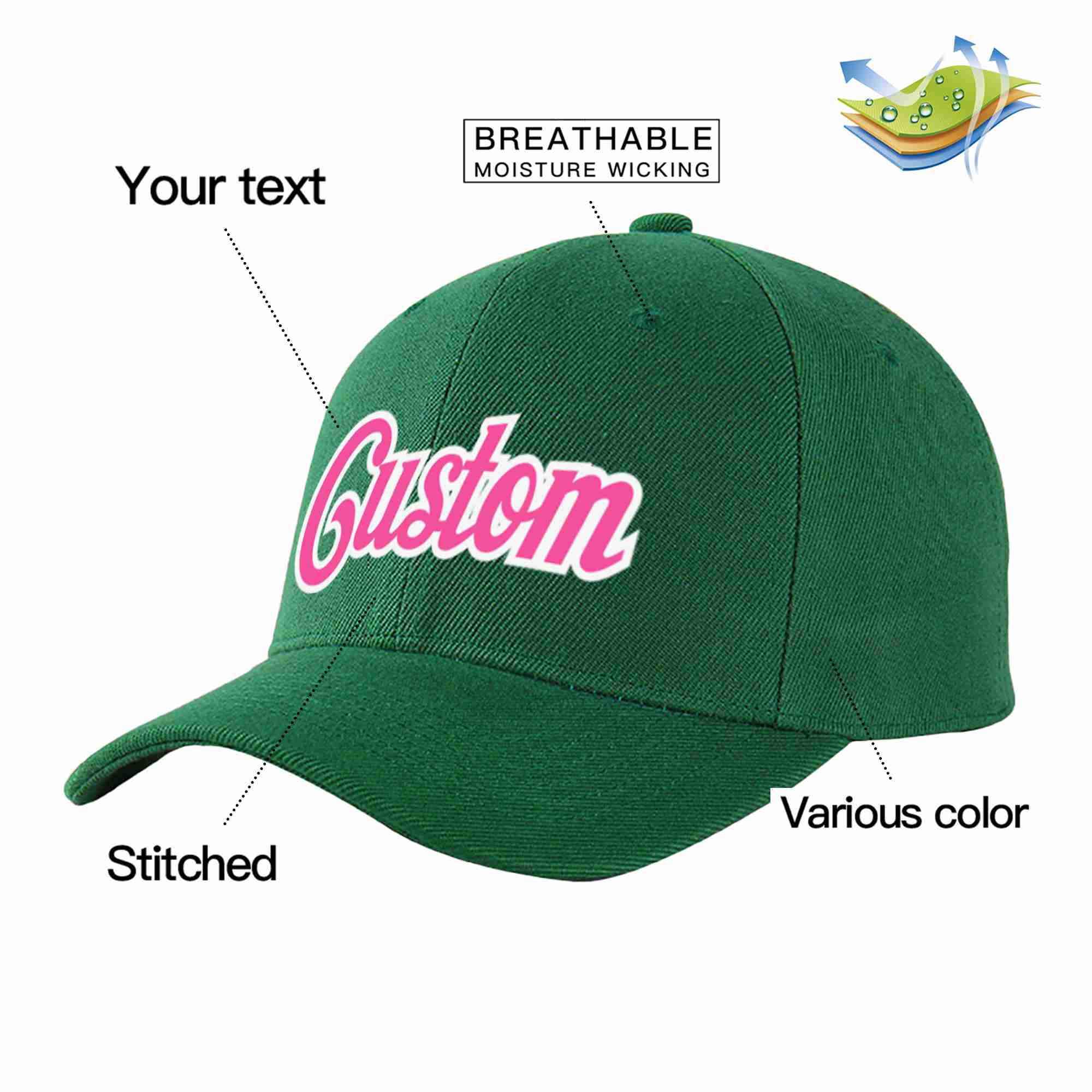 Custom Green Pink-White Curved Eaves Sport Baseball Cap Design for Men/Women/Youth