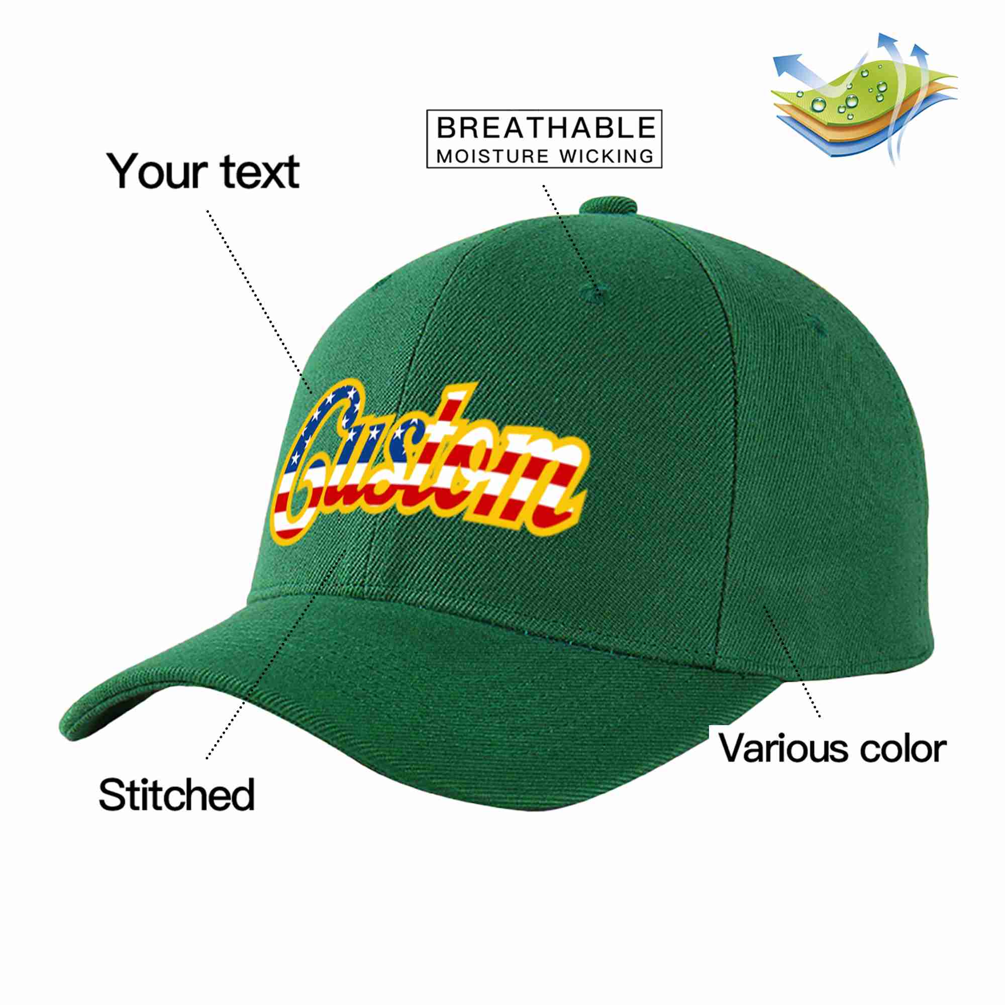 Custom Green Vintage USA Flag-Gold Curved Eaves Sport Baseball Cap Design for Men/Women/Youth