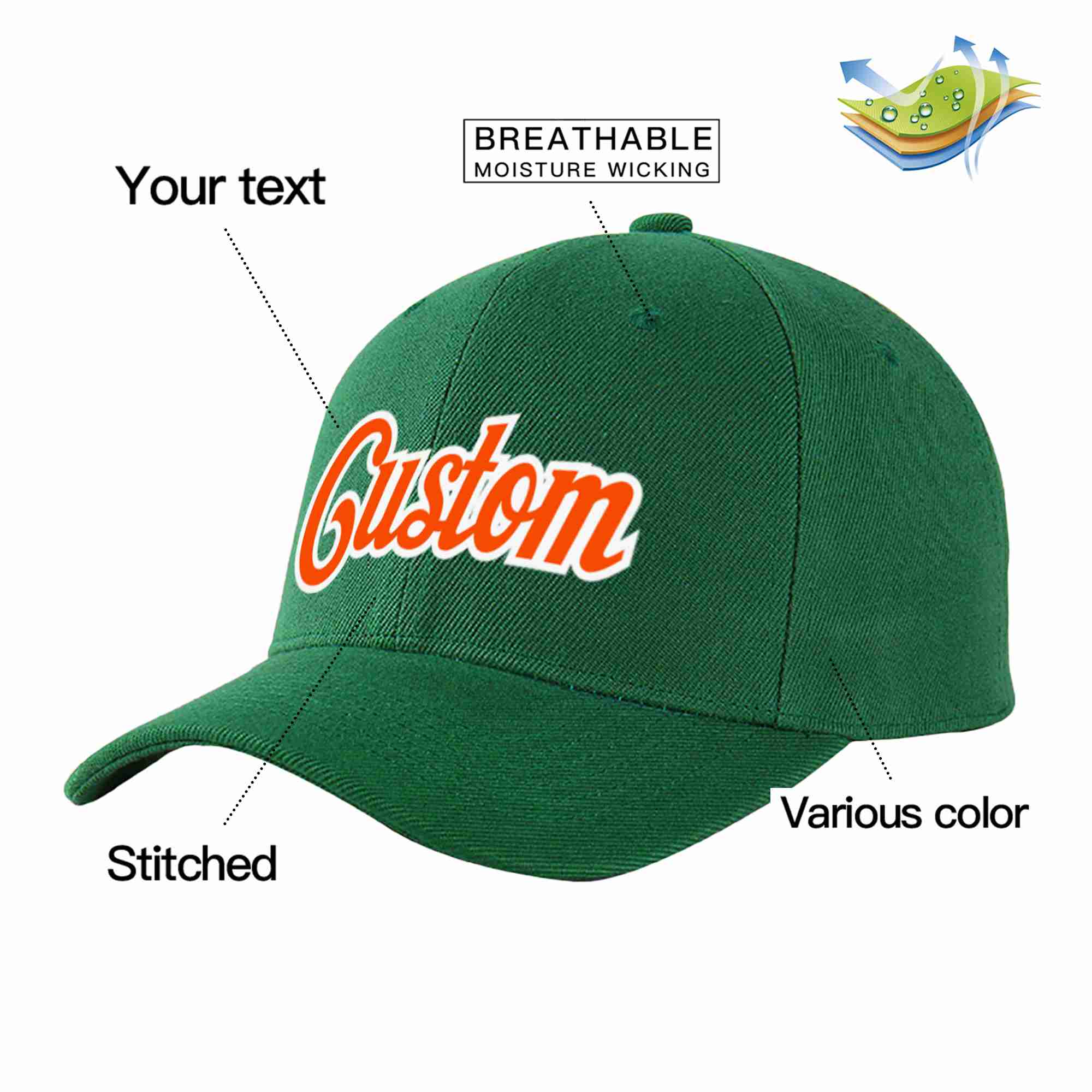 Custom Green Orange-White Curved Eaves Sport Baseball Cap Design for Men/Women/Youth