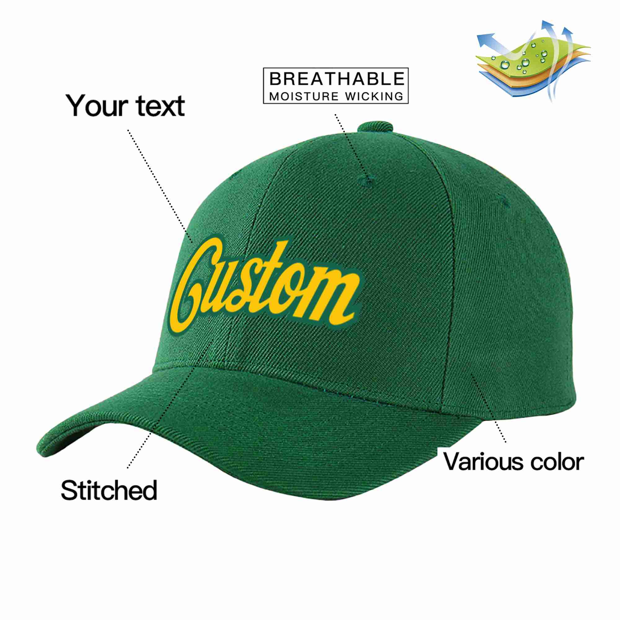 Conception personnalisée de casquette de baseball de sport à avant-toit incurvé vert Gold-Kelly Green pour hommes/femmes/jeunes