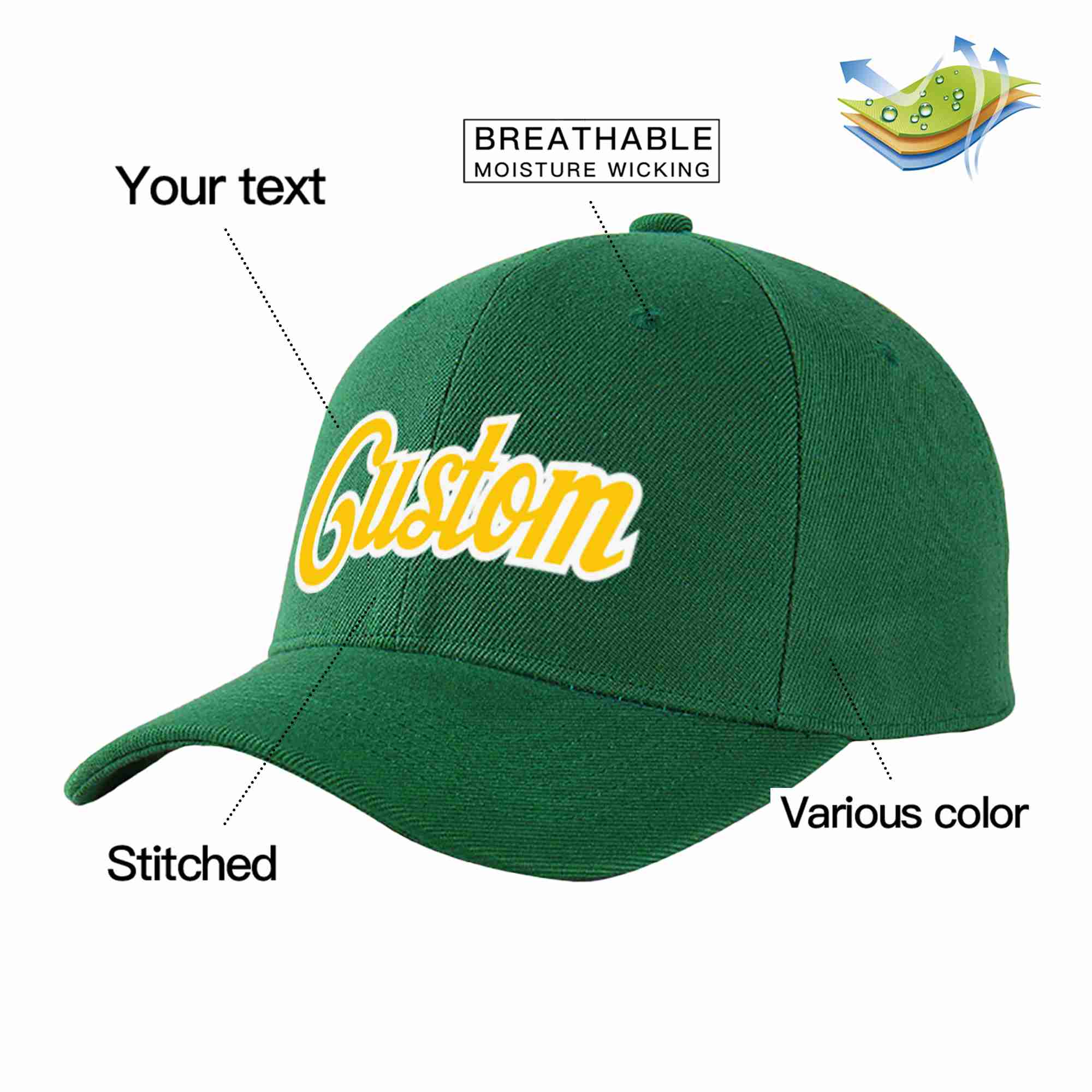 Custom Green Gold-White Curved Eaves Sport Baseball Cap Design for Men/Women/Youth