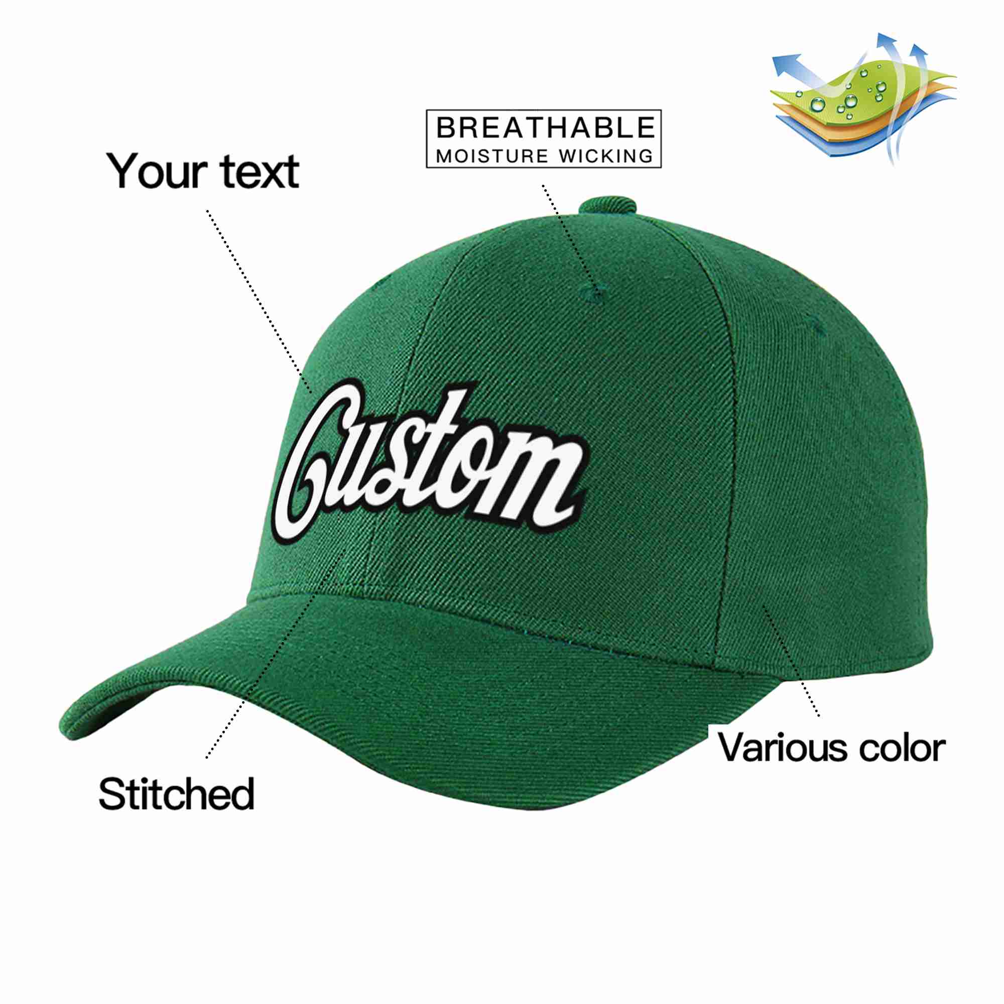 Conception personnalisée de casquette de baseball de sport incurvée vert blanc-noir pour hommes/femmes/jeunes