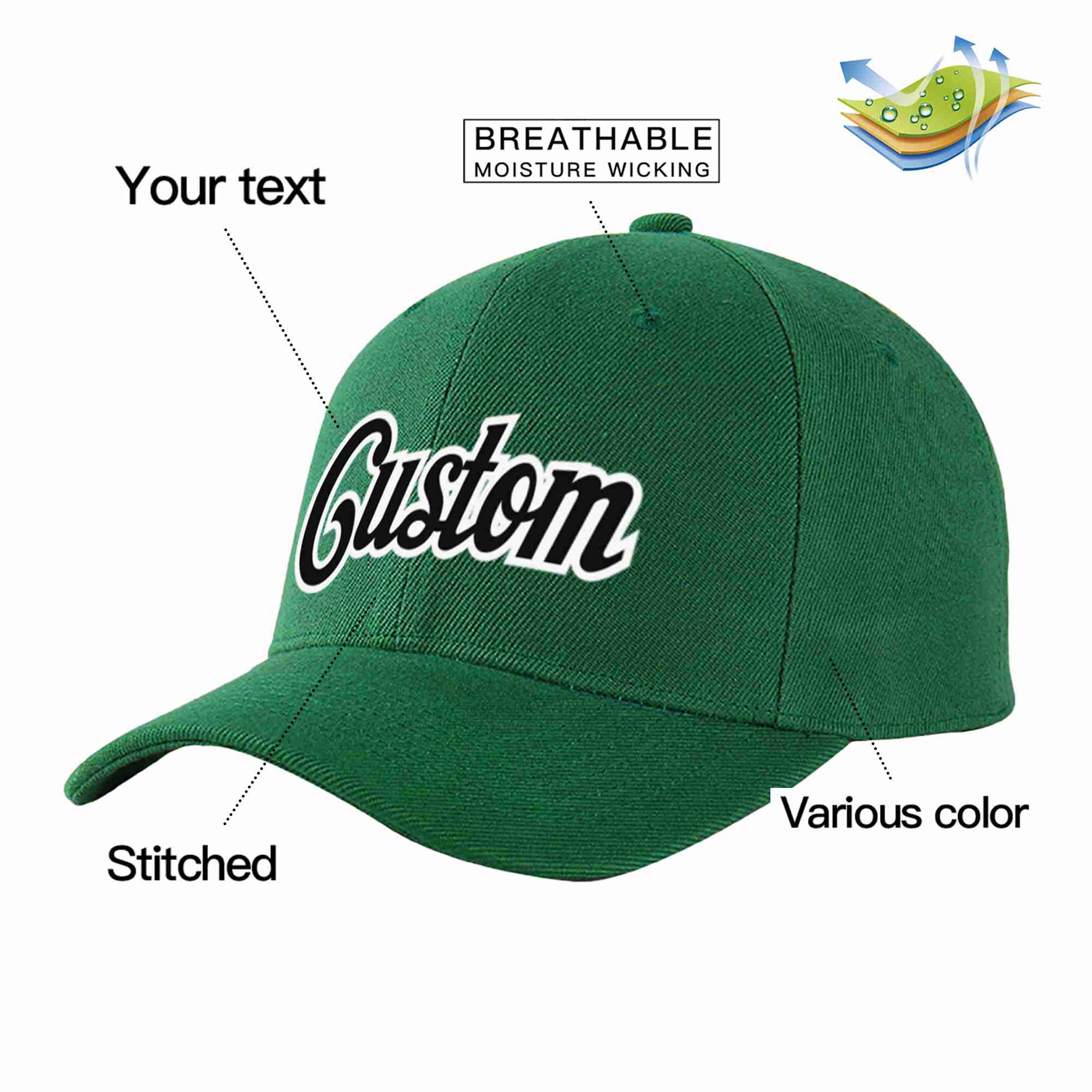 Custom Green Black-White Curved Eaves Sport Baseball Cap Design for Men/Women/Youth