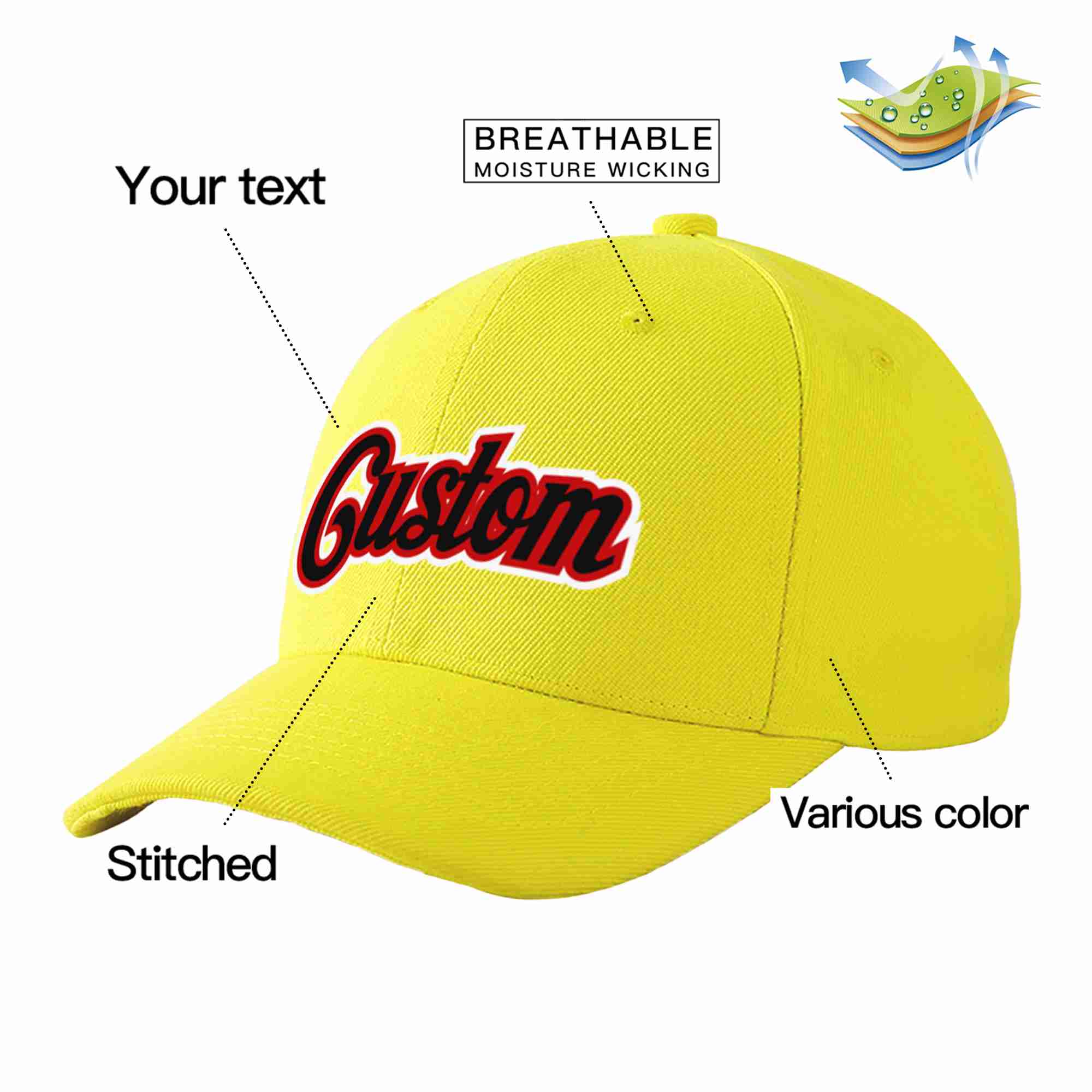 Conception personnalisée de casquette de baseball de sport incurvée jaune noir-rouge pour hommes/femmes/jeunes