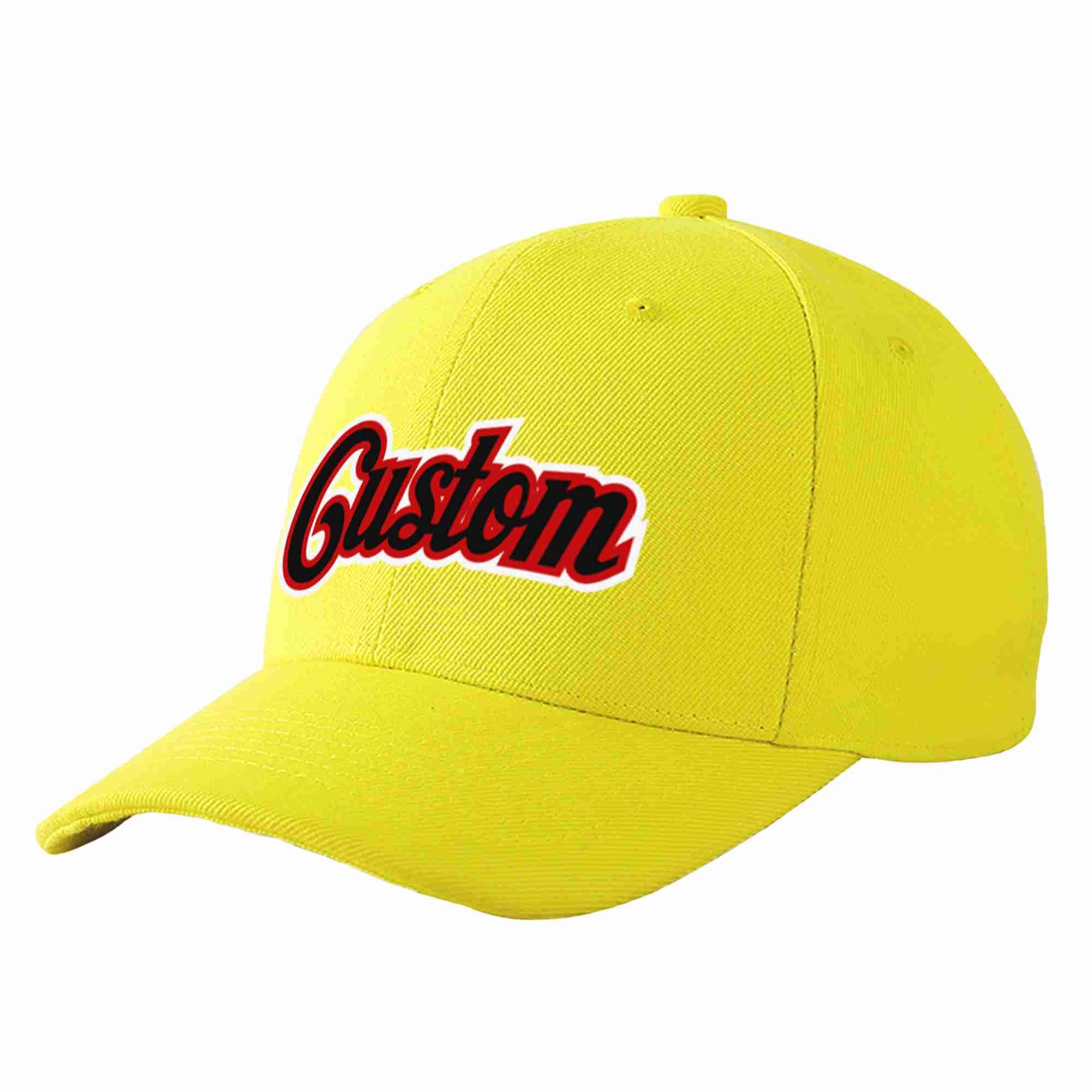 Conception personnalisée de casquette de baseball de sport incurvée jaune noir-rouge pour hommes/femmes/jeunes