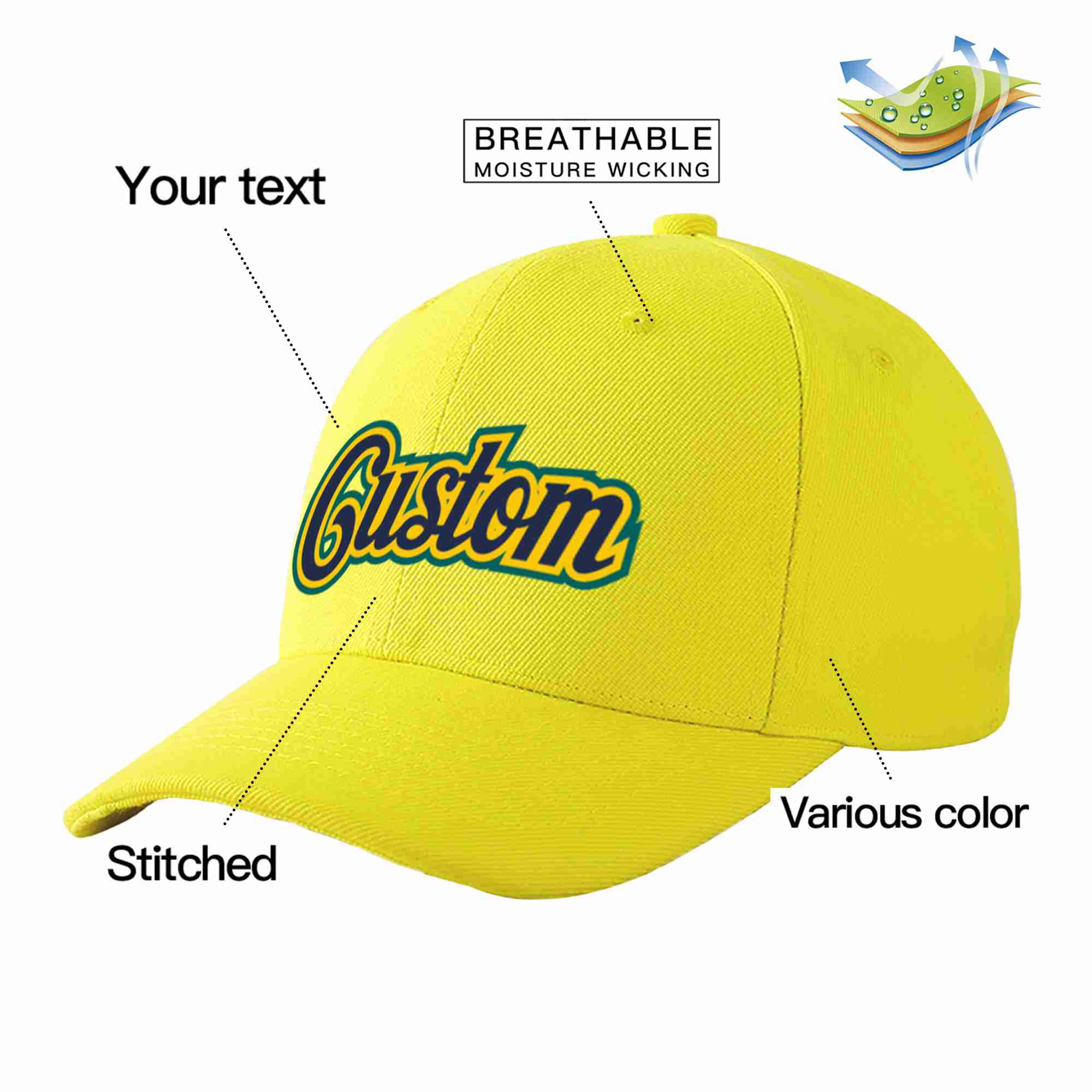 Conception personnalisée de casquette de baseball de sport incurvée jaune marine-or pour hommes/femmes/jeunes