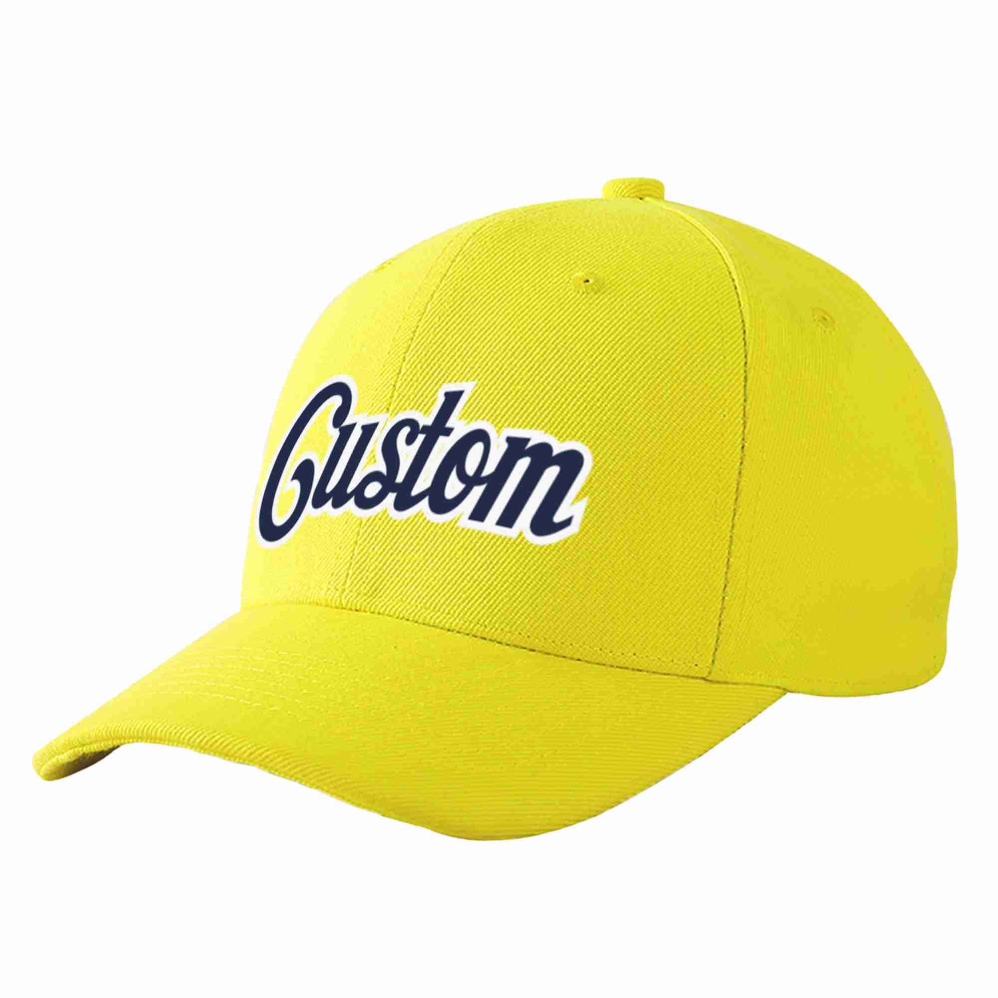 Conception personnalisée de casquette de baseball de sport incurvée jaune marine-blanc pour hommes/femmes/jeunes