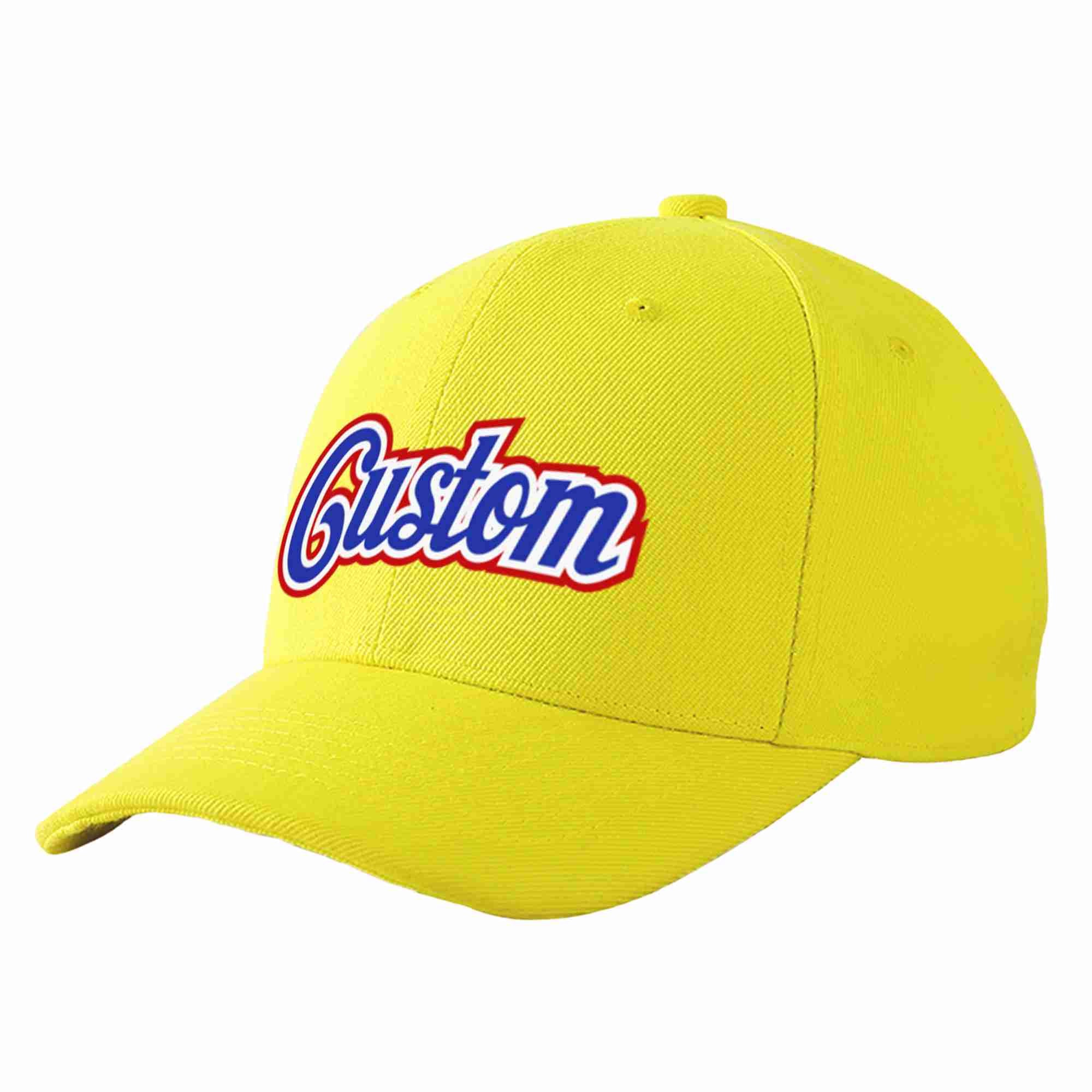 Conception personnalisée de casquette de baseball de sport incurvée jaune royal-blanc pour hommes/femmes/jeunes