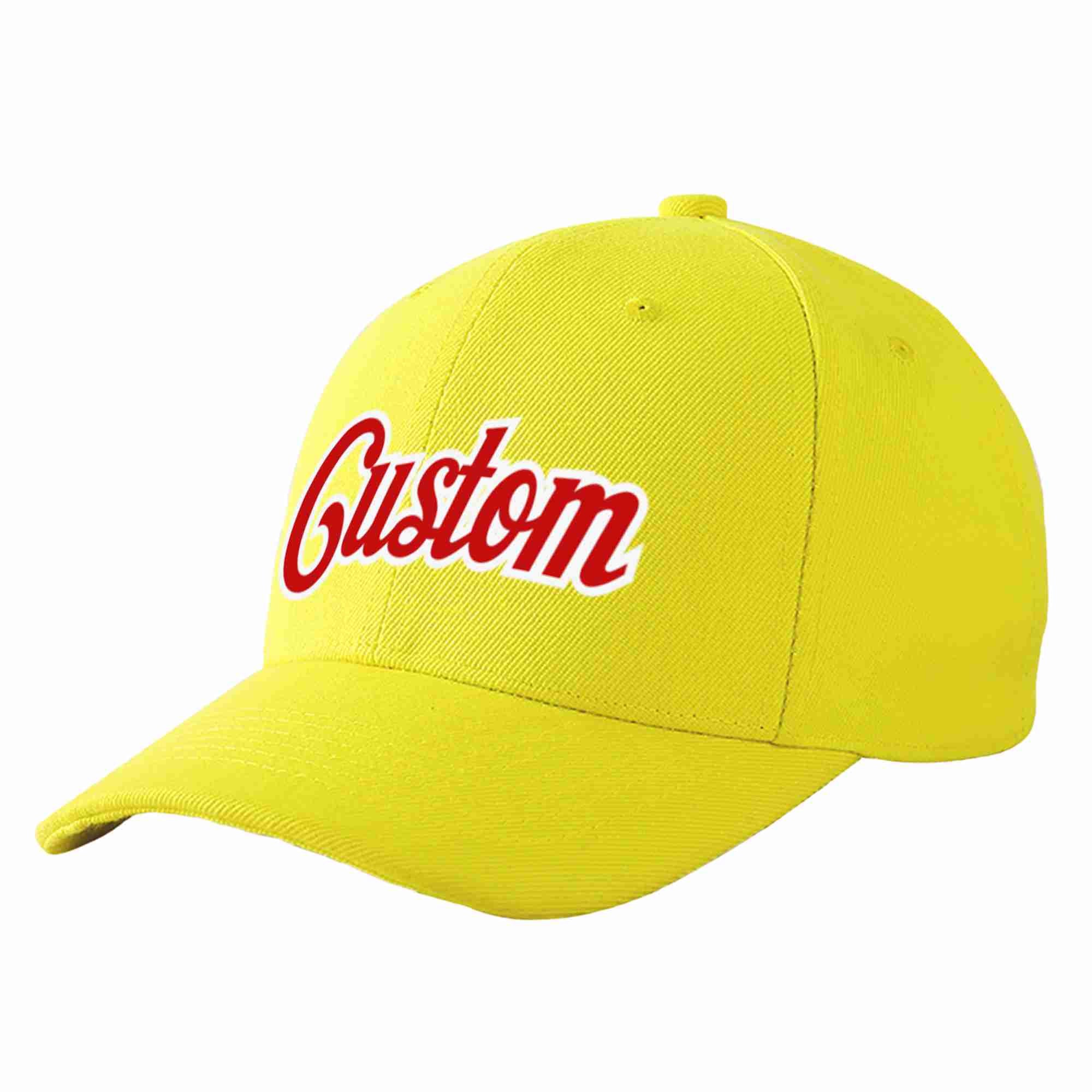 Conception personnalisée de casquette de baseball de sport incurvée jaune rouge-blanc pour hommes/femmes/jeunes