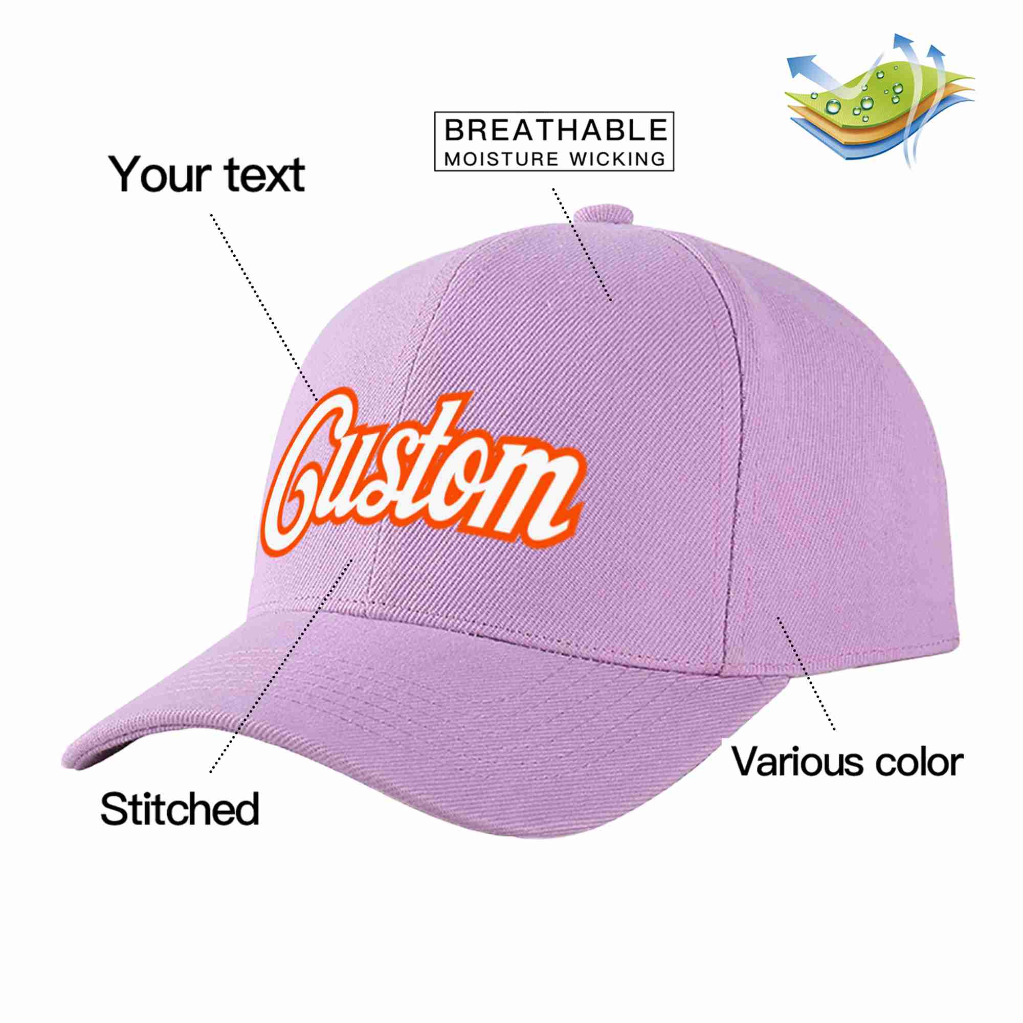 Custom Light Purple White-Orange Curved Eaves Sport Baseball Cap Design for Men/Women/Youth