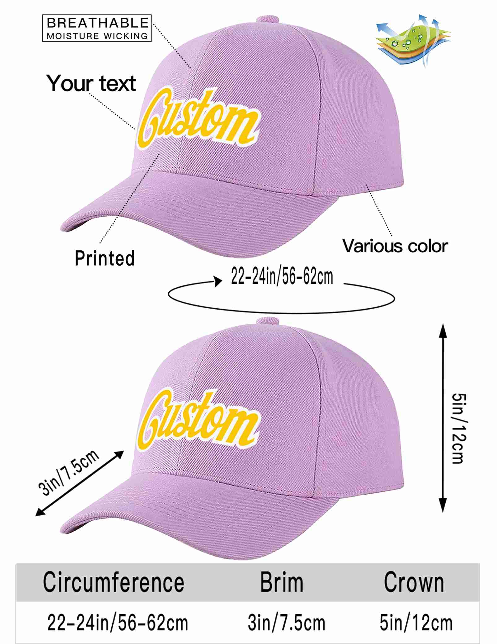 Custom Light Purple Gold-White Curved Eaves Sport Baseball Cap Design for Men/Women/Youth