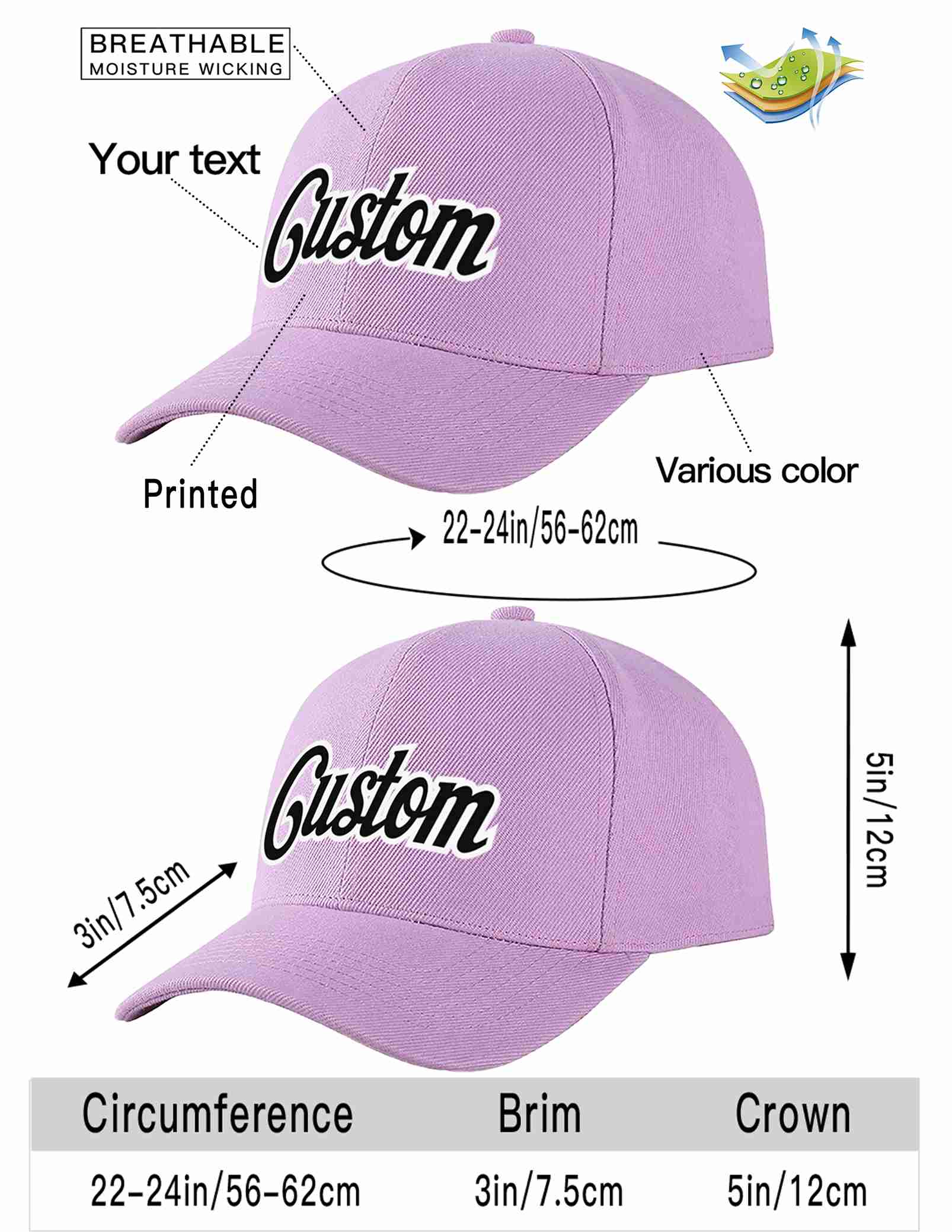 Custom Light Purple Black-White Curved Eaves Sport Baseball Cap Design for Men/Women/Youth