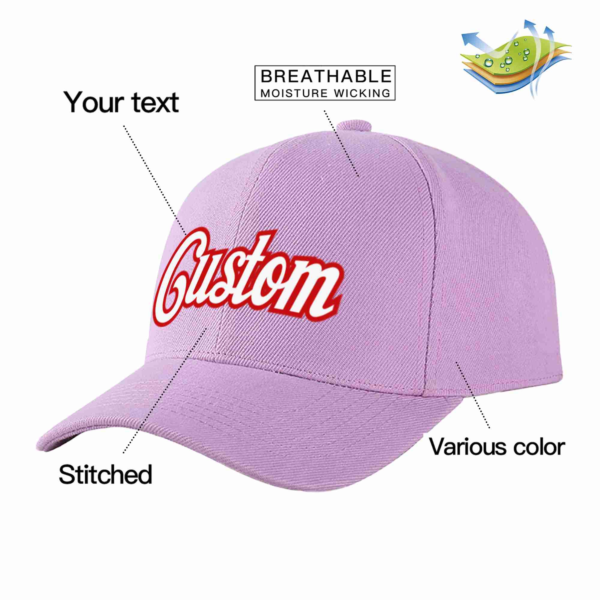 Conception personnalisée de casquette de baseball de sport à avant-toit incurvé violet clair blanc-rouge pour hommes/femmes/jeunes