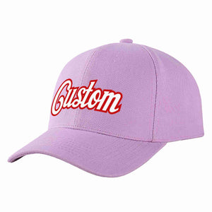 Conception personnalisée de casquette de baseball de sport à avant-toit incurvé violet clair blanc-rouge pour hommes/femmes/jeunes