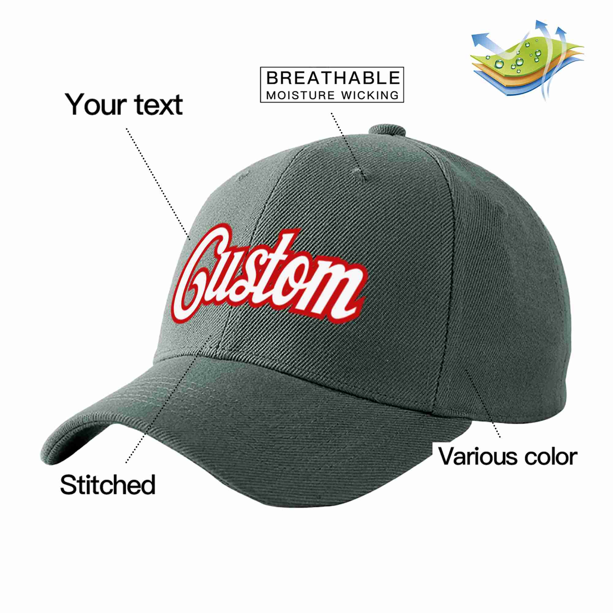 Conception personnalisée de casquette de baseball de sport incurvée gris foncé blanc-rouge pour hommes/femmes/jeunes