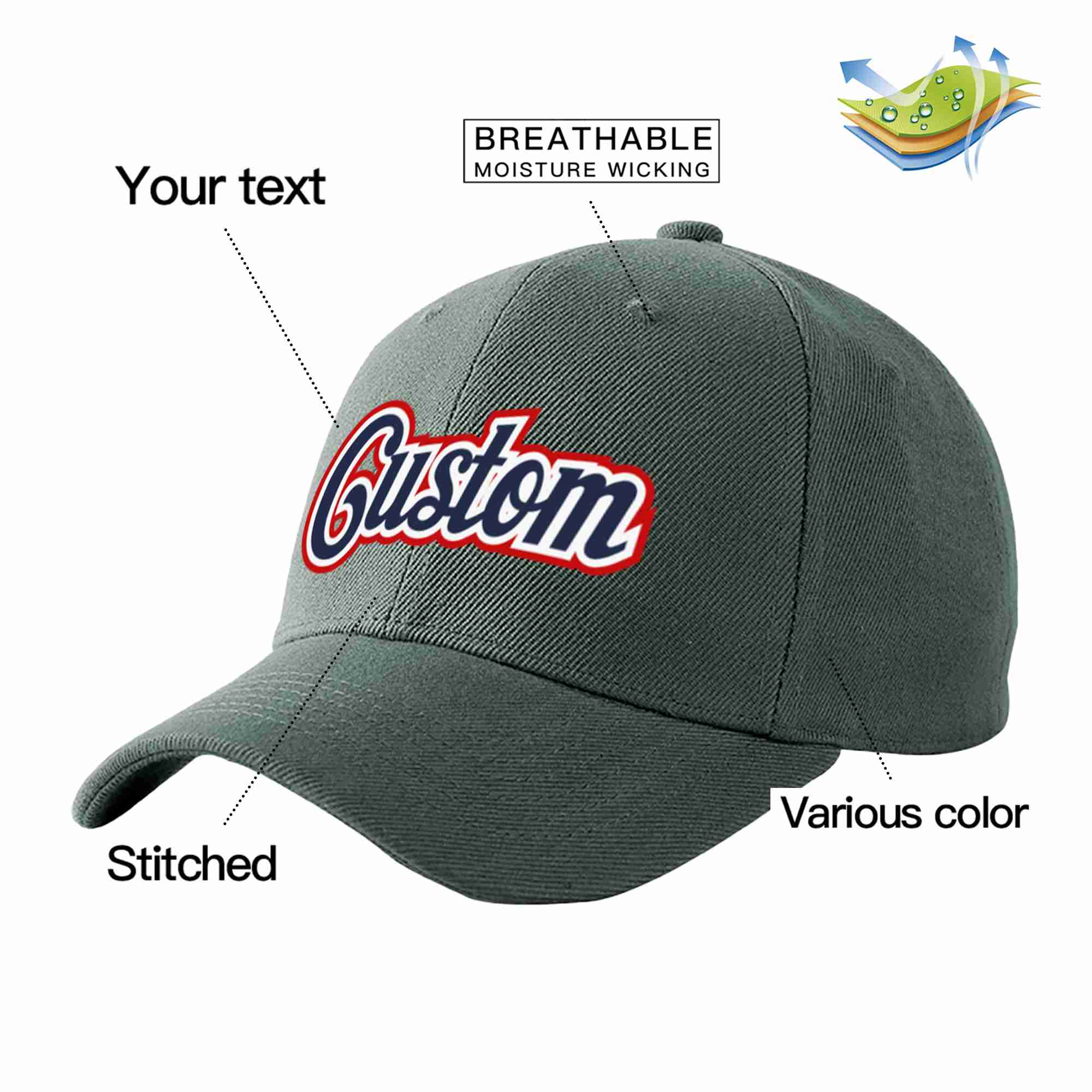 Custom Dark Gray Navy-White Curved Eaves Sport Baseball Cap Design for Men/Women/Youth