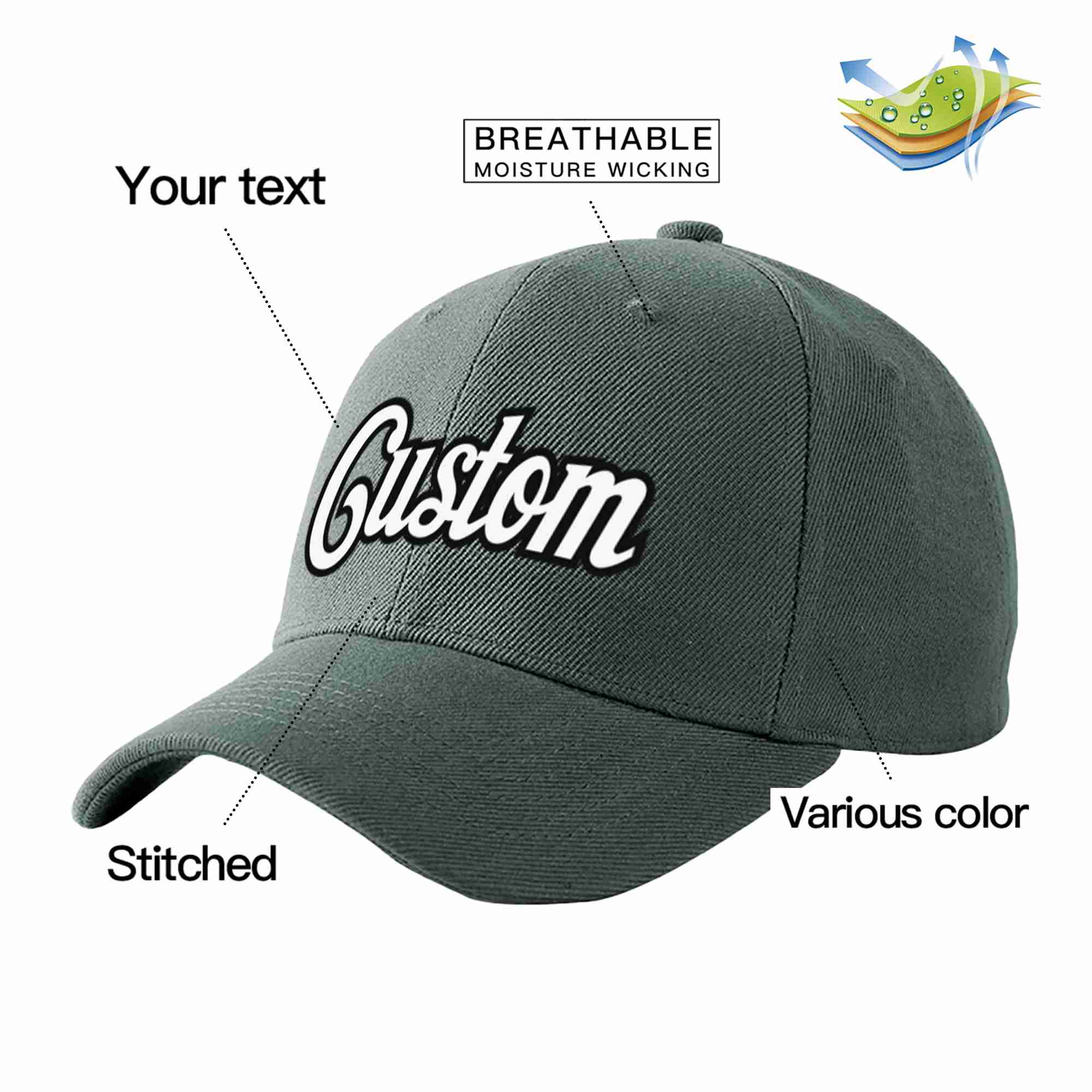 Conception personnalisée de casquette de baseball de sport incurvée gris foncé blanc-noir pour hommes/femmes/jeunes