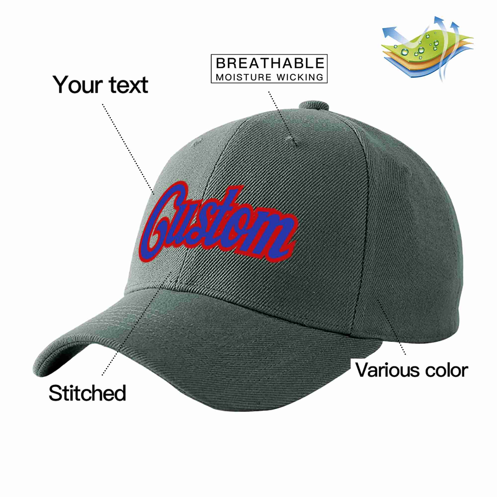 Conception personnalisée de casquette de baseball de sport incurvée gris foncé royal-rouge pour hommes/femmes/jeunes