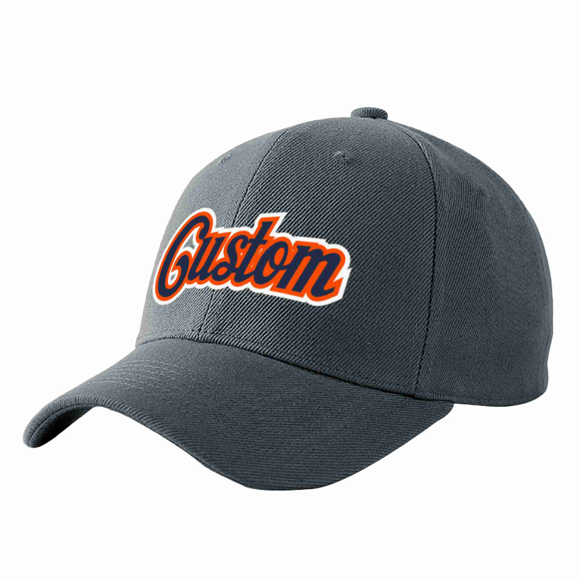 Custom Dark Gray Navy-Orange Curved Eaves Sport Baseball Cap Design for Men/Women/Youth