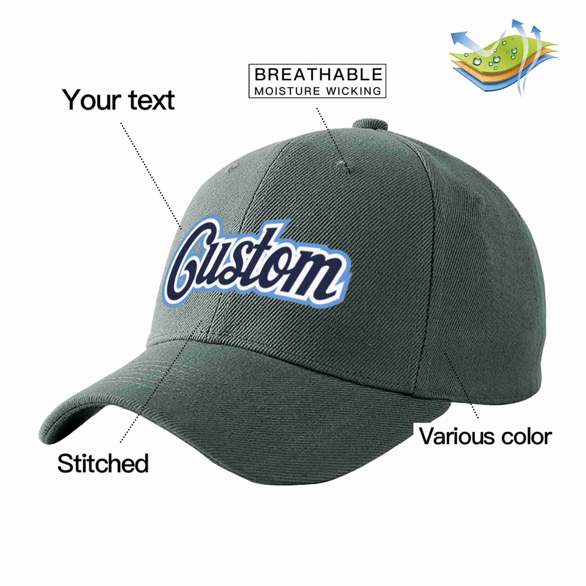 Conception personnalisée de casquette de baseball de sport incurvée gris foncé marine-blanc pour hommes/femmes/jeunes