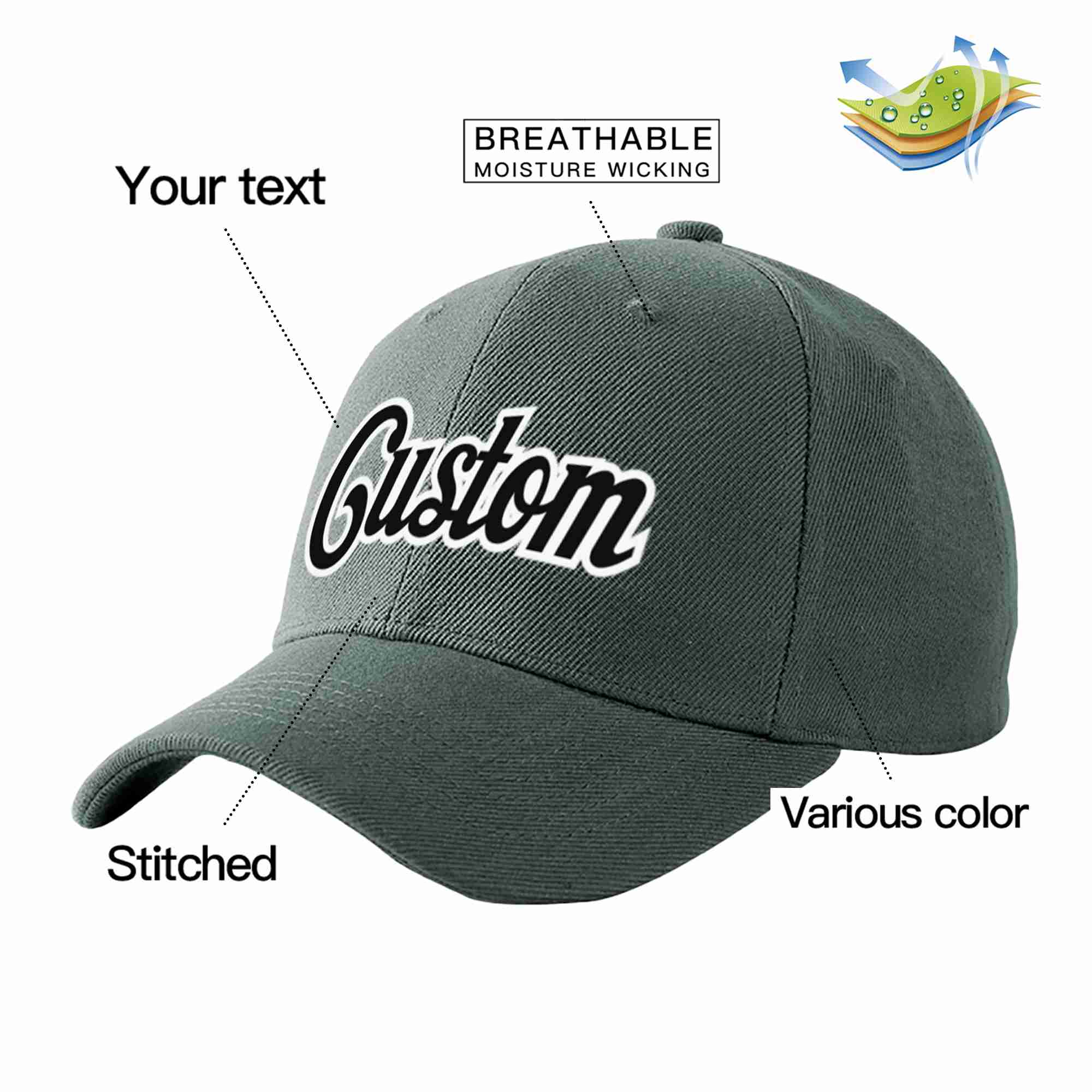 Conception personnalisée de casquette de baseball de sport incurvée gris foncé noir-blanc pour hommes/femmes/jeunes