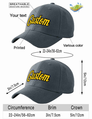 Custom Dark Gray Gold-Black Curved Eaves Sport Baseball Cap Design for Men/Women/Youth