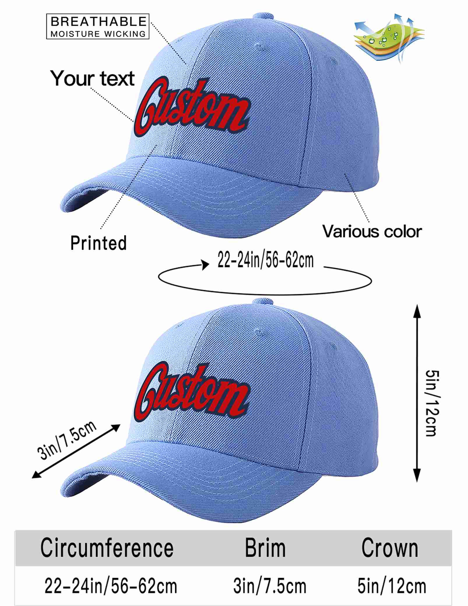 Conception personnalisée de casquette de baseball de sport incurvée bleu ciel rouge-marine pour hommes/femmes/jeunes